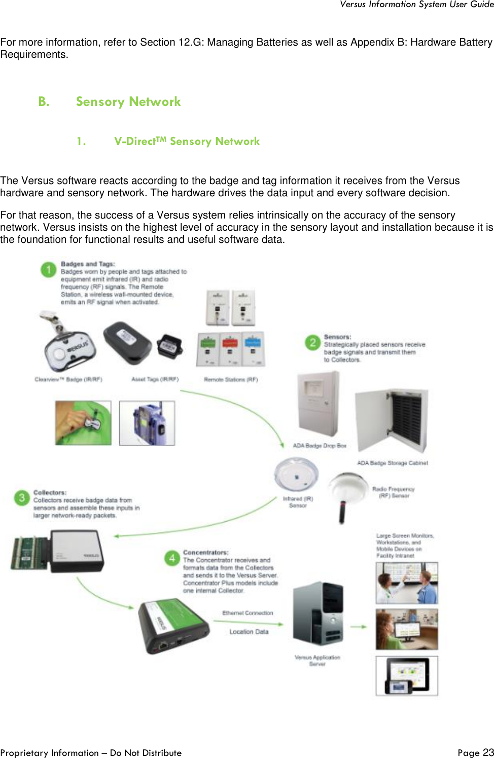   Versus Information System User Guide  Proprietary Information – Do Not Distribute   Page 23  For more information, refer to Section 12.G: Managing Batteries as well as Appendix B: Hardware Battery Requirements.  B. Sensory Network  1. V-DirectTM Sensory Network  The Versus software reacts according to the badge and tag information it receives from the Versus hardware and sensory network. The hardware drives the data input and every software decision.  For that reason, the success of a Versus system relies intrinsically on the accuracy of the sensory network. Versus insists on the highest level of accuracy in the sensory layout and installation because it is the foundation for functional results and useful software data.     