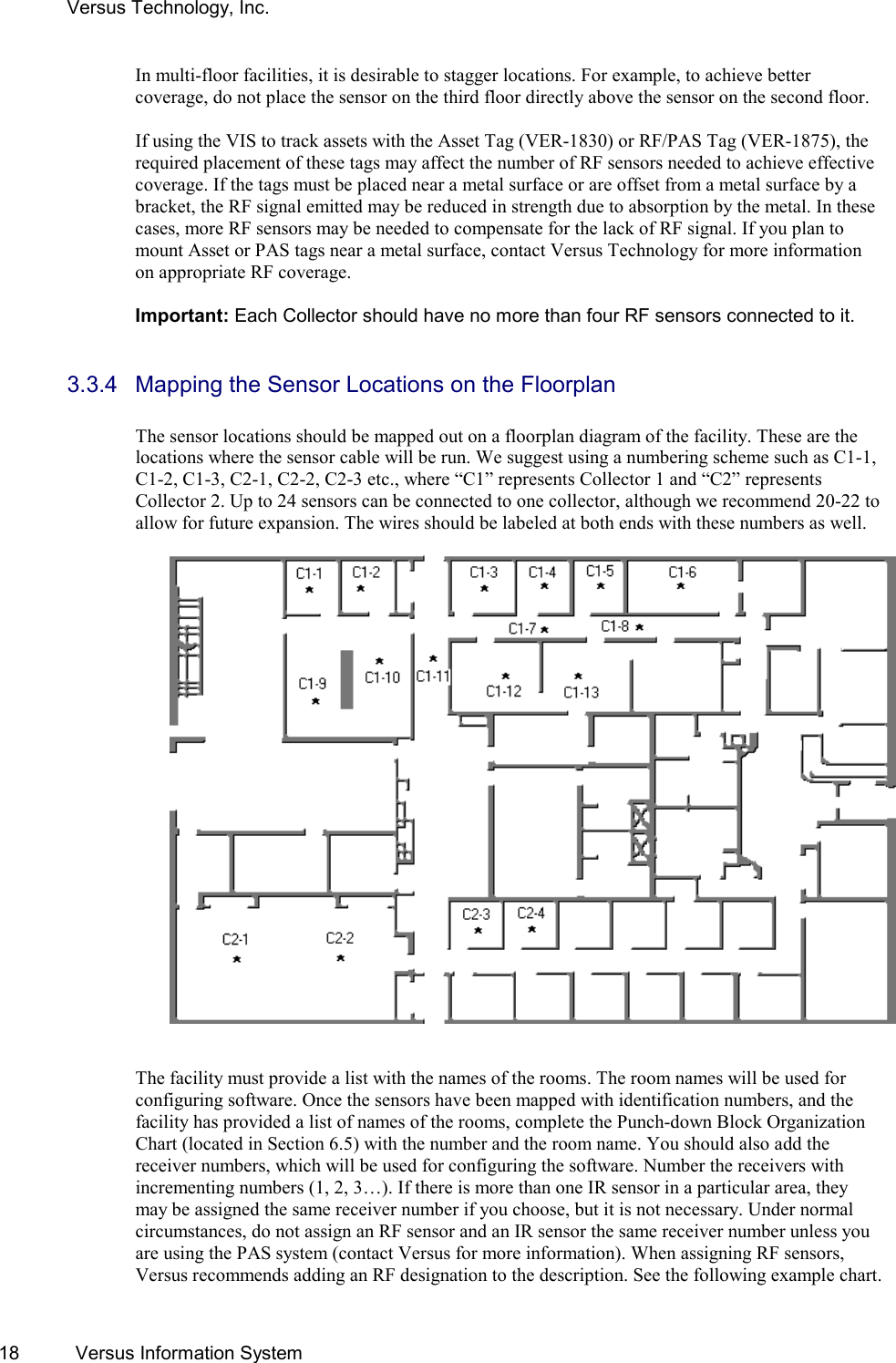 Versus Technology, Inc. 18  Versus Information System In multi-floor facilities, it is desirable to stagger locations. For example, to achieve better coverage, do not place the sensor on the third floor directly above the sensor on the second floor.  If using the VIS to track assets with the Asset Tag (VER-1830) or RF/PAS Tag (VER-1875), the required placement of these tags may affect the number of RF sensors needed to achieve effective coverage. If the tags must be placed near a metal surface or are offset from a metal surface by a bracket, the RF signal emitted may be reduced in strength due to absorption by the metal. In these cases, more RF sensors may be needed to compensate for the lack of RF signal. If you plan to mount Asset or PAS tags near a metal surface, contact Versus Technology for more information on appropriate RF coverage.  Important: Each Collector should have no more than four RF sensors connected to it.   3.3.4  Mapping the Sensor Locations on the Floorplan  The sensor locations should be mapped out on a floorplan diagram of the facility. These are the locations where the sensor cable will be run. We suggest using a numbering scheme such as C1-1, C1-2, C1-3, C2-1, C2-2, C2-3 etc., where “C1” represents Collector 1 and “C2” represents Collector 2. Up to 24 sensors can be connected to one collector, although we recommend 20-22 to allow for future expansion. The wires should be labeled at both ends with these numbers as well.       The facility must provide a list with the names of the rooms. The room names will be used for configuring software. Once the sensors have been mapped with identification numbers, and the facility has provided a list of names of the rooms, complete the Punch-down Block Organization Chart (located in Section 6.5) with the number and the room name. You should also add the receiver numbers, which will be used for configuring the software. Number the receivers with incrementing numbers (1, 2, 3…). If there is more than one IR sensor in a particular area, they may be assigned the same receiver number if you choose, but it is not necessary. Under normal circumstances, do not assign an RF sensor and an IR sensor the same receiver number unless you are using the PAS system (contact Versus for more information). When assigning RF sensors, Versus recommends adding an RF designation to the description. See the following example chart. 