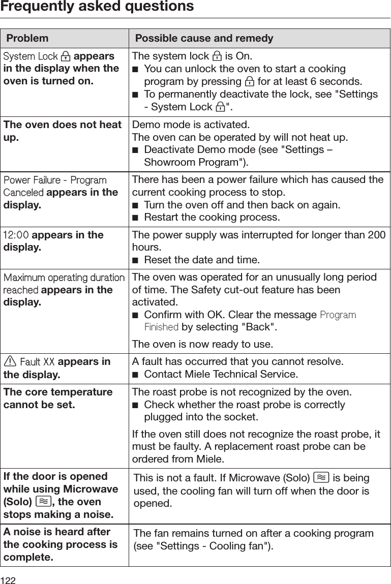Frequently asked questions122Problem Possible cause and remedySystem Lock  appearsin the display when theoven is turned on.The system lock  is On.You can unlock the oven to start a cookingprogram by pressing  for at least 6 seconds.To permanently deactivate the lock, see &quot;Settings- System Lock &quot;.The oven does not heatup. Demo mode is activated.The oven can be operated by will not heat up.Deactivate Demo mode (see &quot;Settings –Showroom Program&quot;).Power Failure - ProgramCanceled appears in thedisplay.There has been a power failure which has caused thecurrent cooking process to stop.Turn the oven off and then back on again.Restart the cooking process.12:00 appears in thedisplay. The power supply was interrupted for longer than 200hours.Reset the date and time.Maximum operating durationreached appears in thedisplay.The oven was operated for an unusually long periodof time. The Safety cut-out feature has beenactivated.Confirm with OK. Clear the message ProgramFinished by selecting &quot;Back&quot;.The oven is now ready to use. Fault XX appears inthe display.A fault has occurred that you cannot resolve.Contact Miele Technical Service.The core temperaturecannot be set. The roast probe is not recognized by the oven.Check whether the roast probe is correctlyplugged into the socket.If the oven still does not recognize the roast probe, itmust be faulty. A replacement roast probe can beordered from Miele.If the door is openedwhile using Microwave(Solo) , the ovenstops making a noise.This is not a fault. If Microwave (Solo)  is beingused, the cooling fan will turn off when the door isopened.A noise is heard afterthe cooking process iscomplete.The fan remains turned on after a cooking program(see &quot;Settings - Cooling fan&quot;).