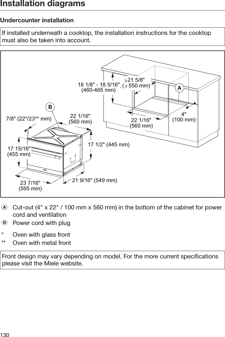 Installation diagrams130Undercounter installationIf installed underneath a cooktop, the installation instructions for the cooktopmust also be taken into account.BABA7/8&quot; (22*/23** mm) 22 1/16&quot;(560 mm)17 1/2&quot; (445 mm)21 9/16&quot; (549 mm)23 7/16&quot;(595 mm)17 15/16&quot;(455 mm)22 1/16&quot;(560 mm)4&quot;(100 mm)18 1/8&quot; - 18 5/16&quot;(460-465 mm)21 5/8&quot;(   550 mm)Cut-out (4&quot; x 22&quot; / 100 mm x 560 mm) in the bottom of the cabinet for powercord and ventilationPower cord with plug* Oven with glass front** Oven with metal frontFront design may vary depending on model. For the more current specificationsplease visit the Miele website.