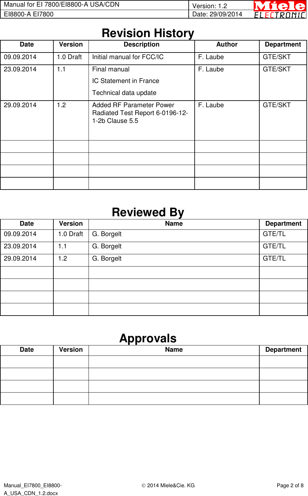 Manual for EI 7800/EI8800-A USA/CDN  Version: 1.2 EI8800-A EI7800 Date: 29/09/2014  Manual_EI7800_EI8800-A_USA_CDN_1.2.docx  2014 Miele&amp;Cie. KG Page 2 of 8  Revision History Date Version Description Author Department 09.09.2014 1.0 Draft Initial manual for FCC/IC F. Laube GTE/SKT 23.09.2014 1.1 Final manual  IC Statement in France Technical data update F. Laube GTE/SKT 29.09.2014 1.2 Added RF Parameter Power Radiated Test Report 6-0196-12-1-2b Clause 5.5   F. Laube GTE/SKT                       Reviewed By Date Version Name  Department 09.09.2014 1.0 Draft G. Borgelt GTE/TL 23.09.2014 1.1 G. Borgelt GTE/TL 29.09.2014 1.2 G. Borgelt GTE/TL                   Approvals Date Version Name  Department                  