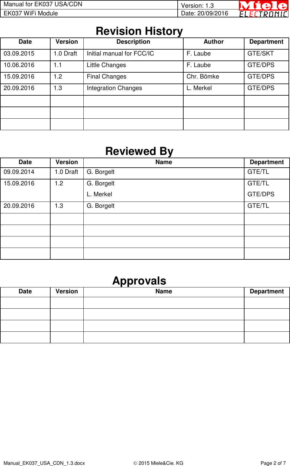 Manual for EK037 USA/CDN  Version: 1.3 EK037 WiFi Module Date: 20/09/2016  Manual_EK037_USA_CDN_1.3.docx  2015 Miele&amp;Cie. KG Page 2 of 7  Revision History Date Version Description Author Department 03.09.2015 1.0 Draft Initial manual for FCC/IC F. Laube GTE/SKT 10.06.2016 1.1 Little Changes F. Laube GTE/DPS 15.09.2016 1.2 Final Changes Chr. Bömke GTE/DPS 20.09.2016 1.3 Integration Changes  L. Merkel GTE/DPS                  Reviewed By Date Version Name  Department 09.09.2014 1.0 Draft G. Borgelt GTE/TL 15.09.2016 1.2 G. Borgelt L. Merkel GTE/TL GTE/DPS 20.09.2016 1.3 G. Borgelt GTE/TL                   Approvals Date Version Name  Department                  