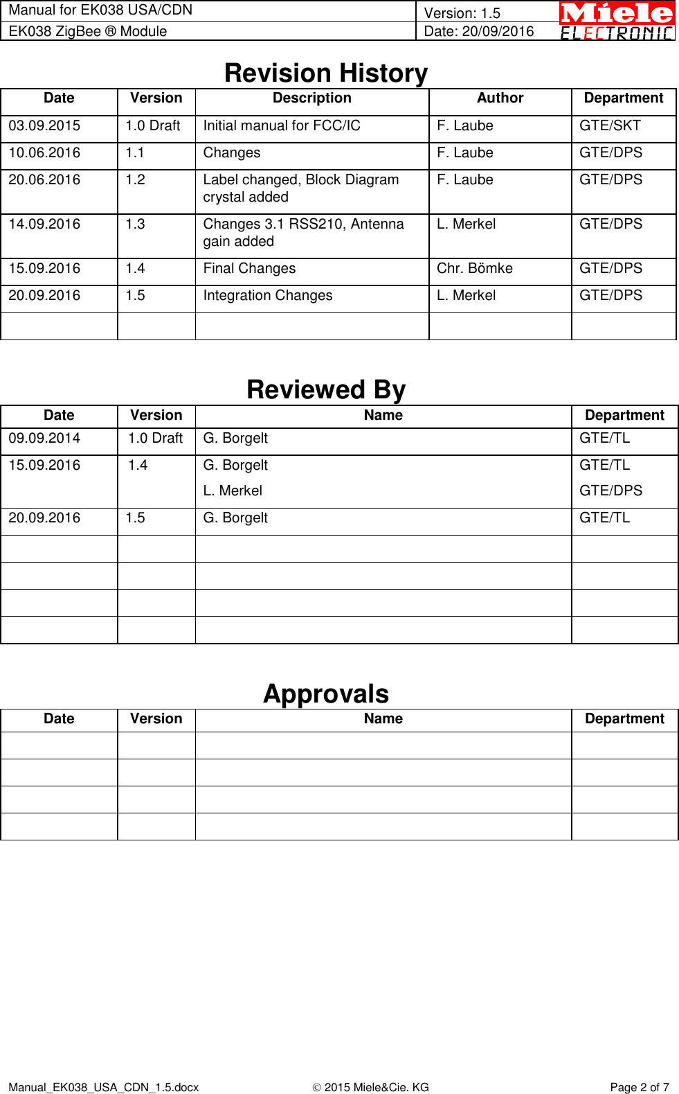 Manual for EK038 USA/CDN  Version: 1.5 EK038 ZigBee ® Module Date: 20/09/2016  Manual_EK038_USA_CDN_1.5.docx  2015 Miele&amp;Cie. KG Page 2 of 7  Revision History Date Version Description Author Department 03.09.2015 1.0 Draft Initial manual for FCC/IC F. Laube GTE/SKT 10.06.2016 1.1 Changes F. Laube GTE/DPS 20.06.2016 1.2 Label changed, Block Diagram crystal added F. Laube GTE/DPS 14.09.2016 1.3 Changes 3.1 RSS210, Antenna gain added L. Merkel GTE/DPS 15.09.2016 1.4 Final Changes Chr. Bömke GTE/DPS 20.09.2016 1.5 Integration Changes  L. Merkel GTE/DPS        Reviewed By Date Version Name  Department 09.09.2014 1.0 Draft G. Borgelt GTE/TL 15.09.2016 1.4 G. Borgelt L. Merkel GTE/TL GTE/DPS 20.09.2016 1.5 G. Borgelt GTE/TL                   Approvals Date Version Name  Department                  