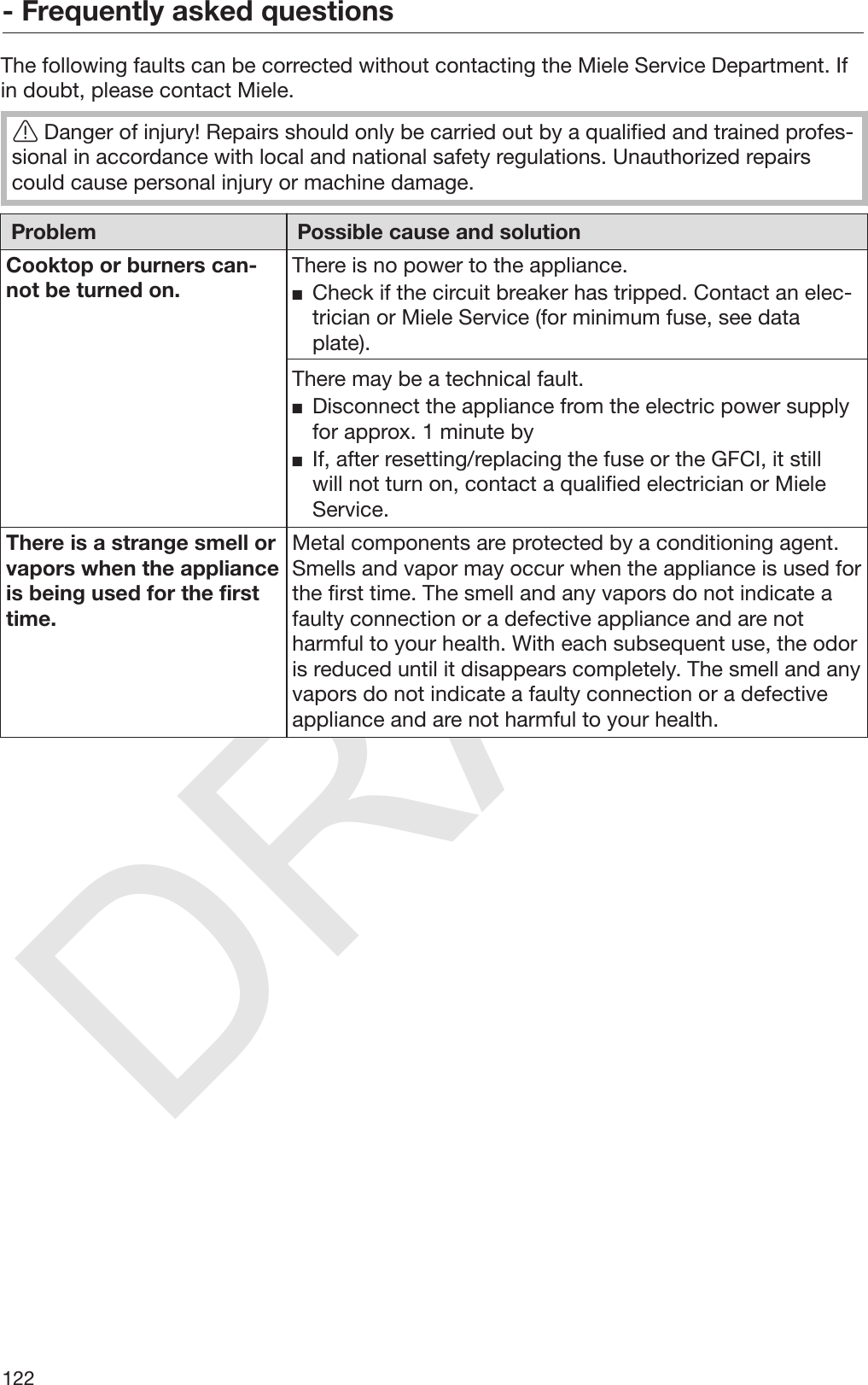 DRAFT- Frequently asked questions122The following faults can be corrected without contacting the Miele Service Department. Ifin doubt, please contact Miele.Danger of injury! Repairs should only be carried out by a qualified and trained profes‐sional in accordance with local and national safety regulations. Unauthorized repairscould cause personal injury or machine damage.Problem Possible cause and solutionCooktop or burners can‐not be turned on. There is no power to the appliance. Check if the circuit breaker has tripped. Contact an elec‐trician or Miele Service (for minimum fuse, see dataplate).There may be a technical fault. Disconnect the appliance from the electric power supplyfor approx. 1 minute by If, after resetting/replacing the fuse or the GFCI, it stillwill not turn on, contact a qualified electrician or MieleService.There is a strange smell orvapors when the applianceis being used for the firsttime.Metal components are protected by a conditioning agent.Smells and vapor may occur when the appliance is used forthe first time. The smell and any vapors do not indicate afaulty connection or a defective appliance and are notharmful to your health. With each subsequent use, the odoris reduced until it disappears completely. The smell and anyvapors do not indicate a faulty connection or a defectiveappliance and are not harmful to your health.