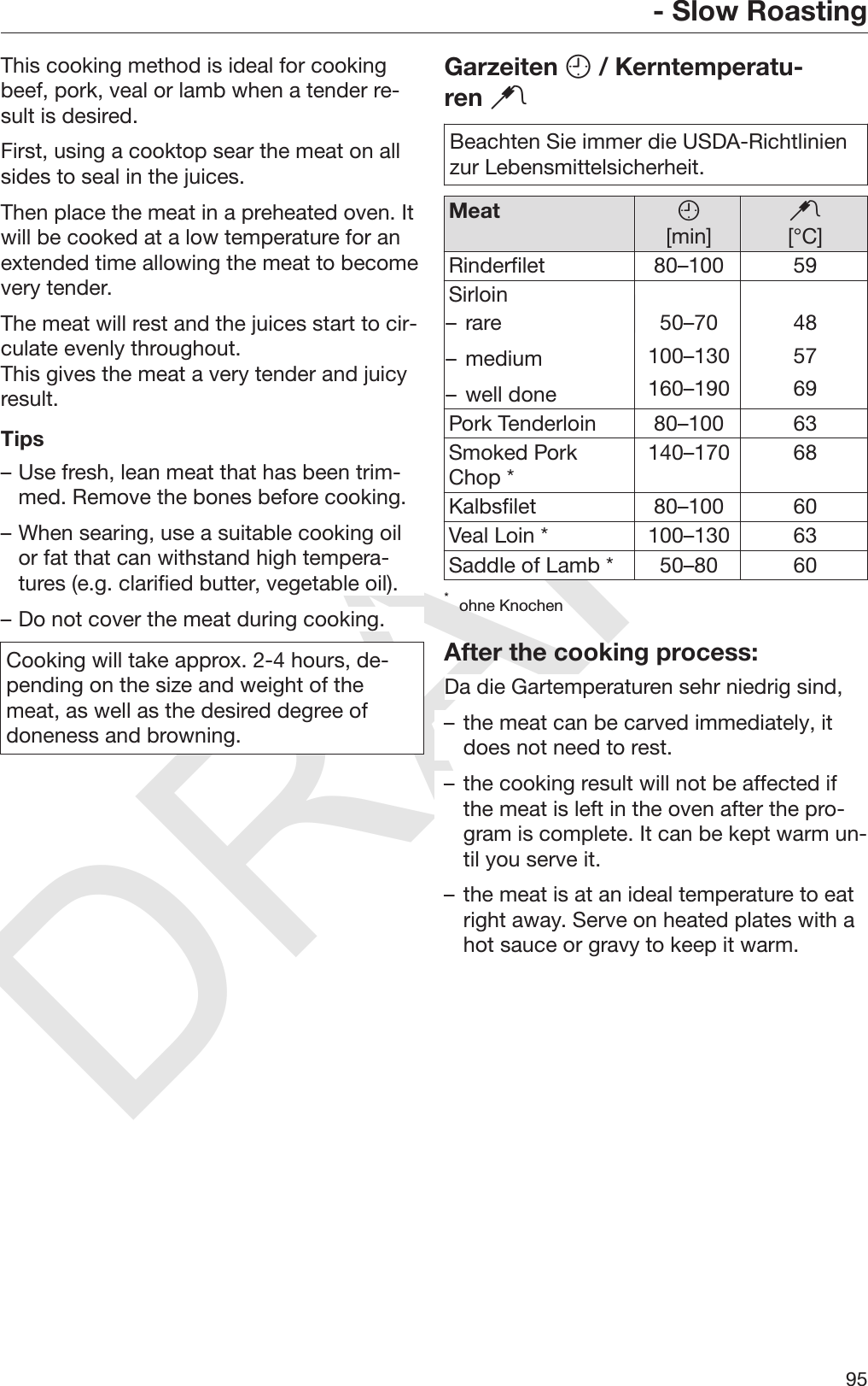 DRAFT- Slow Roasting95This cooking method is ideal for cookingbeef, pork, veal or lamb when a tender re‐sult is desired.First, using a cooktop sear the meat on allsides to seal in the juices.Then place the meat in a preheated oven. Itwill be cooked at a low temperature for anextended time allowing the meat to becomevery tender.The meat will rest and the juices start to cir‐culate evenly throughout.This gives the meat a very tender and juicyresult.Tips– Use fresh, lean meat that has been trim‐med. Remove the bones before cooking.– When searing, use a suitable cooking oilor fat that can withstand high tempera‐tures (e.g. clarified butter, vegetable oil).– Do not cover the meat during cooking.Cooking will take approx. 2-4 hours, de‐pending on the size and weight of themeat, as well as the desired degree ofdoneness and browning.Garzeiten  / Kerntemperatu‐ren Beachten Sie immer die USDA-Richtlinienzur Lebensmittelsicherheit.Meat [min][°C]Rinderfilet 80–100 59Sirloin– rare– medium– well done50–70100–130160–190485769Pork Tenderloin 80–100 63Smoked PorkChop * 140–170 68Kalbsfilet 80–100 60Veal Loin * 100–130 63Saddle of Lamb * 50–80 60*ohne KnochenAfter the cooking process:Da die Gartemperaturen sehr niedrig sind,– the meat can be carved immediately, itdoes not need to rest.– the cooking result will not be affected ifthe meat is left in the oven after the pro‐gram is complete. It can be kept warm un‐til you serve it.– the meat is at an ideal temperature to eatright away. Serve on heated plates with ahot sauce or gravy to keep it warm.