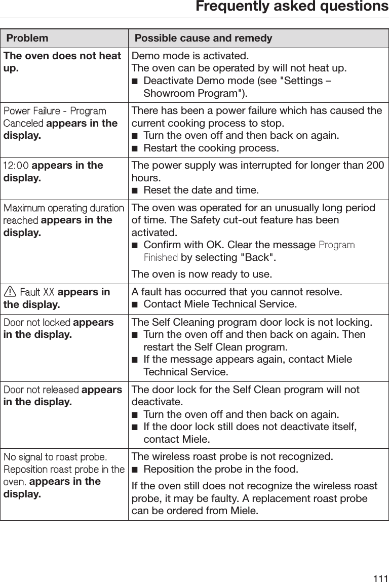 Frequently asked questions111Problem Possible cause and remedyThe oven does not heatup.Demo mode is activated.The oven can be operated by will not heat up.Deactivate Demo mode (see &quot;Settings –Showroom Program&quot;).Powr Failur - ProgramCancld appears in thedisplay.There has been a power failure which has caused thecurrent cooking process to stop.Turn the oven off and then back on again.Restart the cooking process.12:00 appears in thedisplay.The power supply was interrupted for longer than 200hours.Reset the date and time.Maximum oprating durationrachd appears in thedisplay.The oven was operated for an unusually long periodof time. The Safety cut-out feature has beenactivated.Confirm with OK. Clear the message ProgramFinishd by selecting &quot;Back&quot;.The oven is now ready to use. Fault XX appears inthe display.A fault has occurred that you cannot resolve.Contact Miele Technical Service.Door not lockd appearsin the display.The Self Cleaning program door lock is not locking.Turn the oven off and then back on again. Thenrestart the Self Clean program.If the message appears again, contact MieleTechnical Service.Door not rlasd appearsin the display.The door lock for the Self Clean program will notdeactivate.Turn the oven off and then back on again.If the door lock still does not deactivate itself,contact Miele.No signal to roast prob.Rposition roast prob in thovn. appears in thedisplay.The wireless roast probe is not recognized.Reposition the probe in the food.If the oven still does not recognize the wireless roastprobe, it may be faulty. A replacement roast probecan be ordered from Miele.