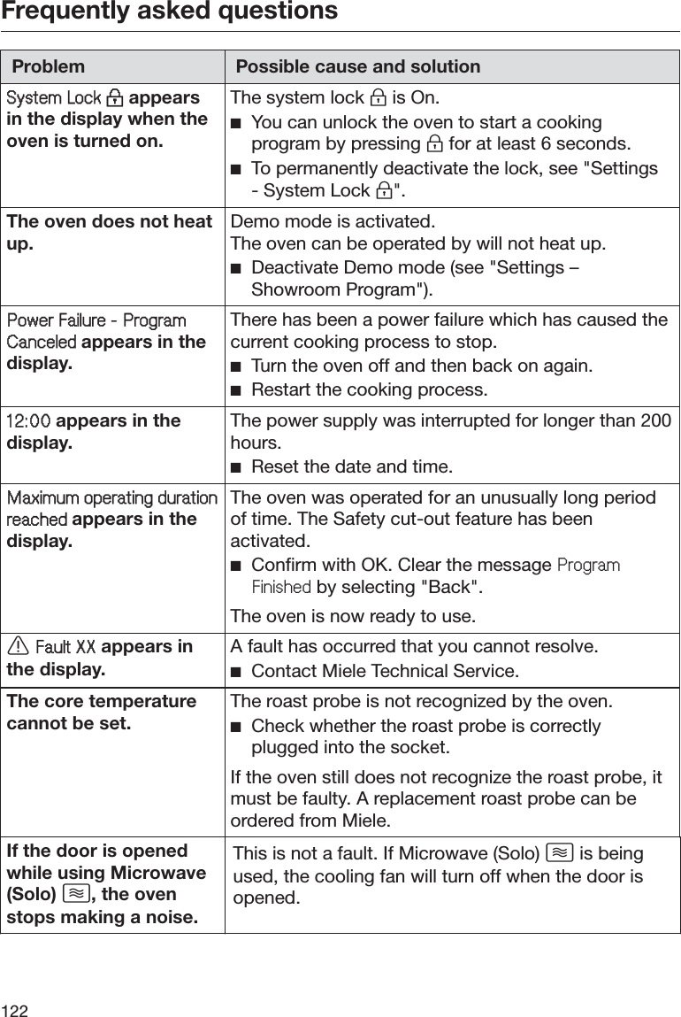Frequently asked questions122Problem Possible cause and solution66\VWHP/RFN䭘 appearsin the display when theoven is turned on.The system lock  is On. ĺYou can unlock the oven to start a cookingprogram by pressing  for at least 6 seconds. ĺTo permanently deactivate the lock, see &quot;Settings- System Lock &quot;.The oven does not heatup.Demo mode is activated.The oven can be operated by will not heat up. ĺDeactivate Demo mode (see &quot;Settings –Showroom Program&quot;).3RZHU)DLOXUH3URJUDP&amp;DQFHOHGappears in thedisplay.There has been a power failure which has caused thecurrent cooking process to stop. ĺTurn the oven off and then back on again. ĺRestart the cooking process. appears in thedisplay.The power supply was interrupted for longer than 200hours. ĺReset the date and time.0D[LPXPRSHUDWLQJGXUDWLRQUHDFKHGappears in thedisplay.The oven was operated for an unusually long periodof time. The Safety cut-out feature has beenactivated. ĺConfirm with OK. Clear the message 3URJUDP)LQLVKHG by selecting &quot;Back&quot;.The oven is now ready to use. )DXOW;; appears inthe display.A fault has occurred that you cannot resolve. ĺContact Miele Technical Service.The core temperaturecannot be set.The roast probe is not recognized by the oven. ĺCheck whether the roast probe is correctlyplugged into the socket.If the oven still does not recognize the roast probe, itmust be faulty. A replacement roast probe can beordered from Miele.If the door is openedwhile using Microwave(Solo) , the ovenstops making a noise.This is not a fault. If Microwave (Solo)  is beingused, the cooling fan will turn off when the door isopened.