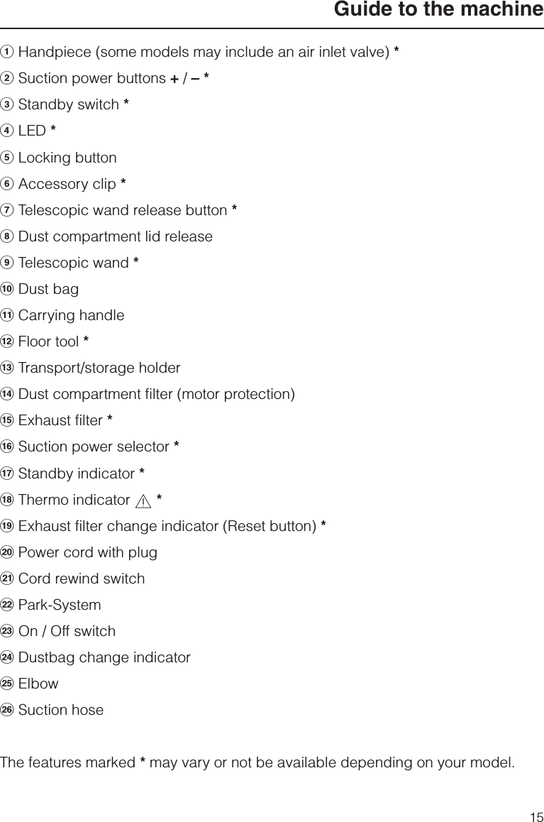 aHandpiece (some models may include an air inlet valve) *bSuction power buttons +/–*cStandby switch *dLED *eLocking buttonfAccessory clip *gTelescopic wand release button *hDust compartment lid releaseiTelescopic wand *jDust bagkCarrying handlelFloor tool *mTransport/storage holdernDust compartment filter (motor protection)oExhaust filter *pSuction power selector *qStandby indicator *rThermo indicator ,*sExhaust filter change indicator (Reset button) *tPower cord with pluguCord rewind switchvPark-SystemwOn / Off switchxDustbag change indicatoryElbowzSuction hoseThe features marked *may vary or not be available depending on your model.Guide to the machine15