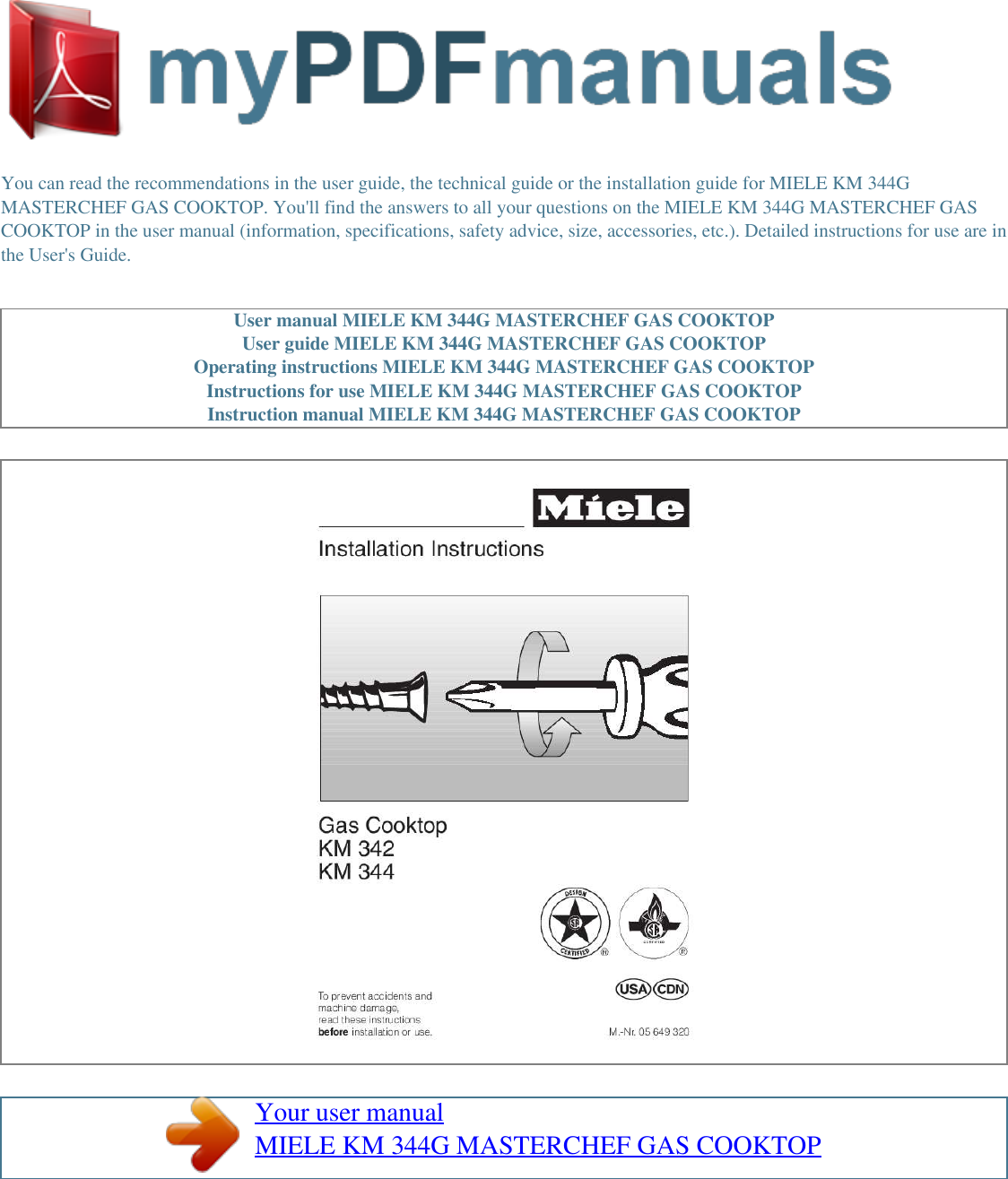Miele Cooktop Km 344G Users Manual User MASTERCHEF GAS