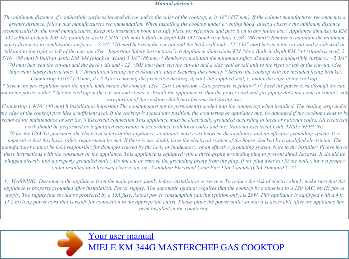 Miele Cooktop Km 344G Users Manual User MASTERCHEF GAS