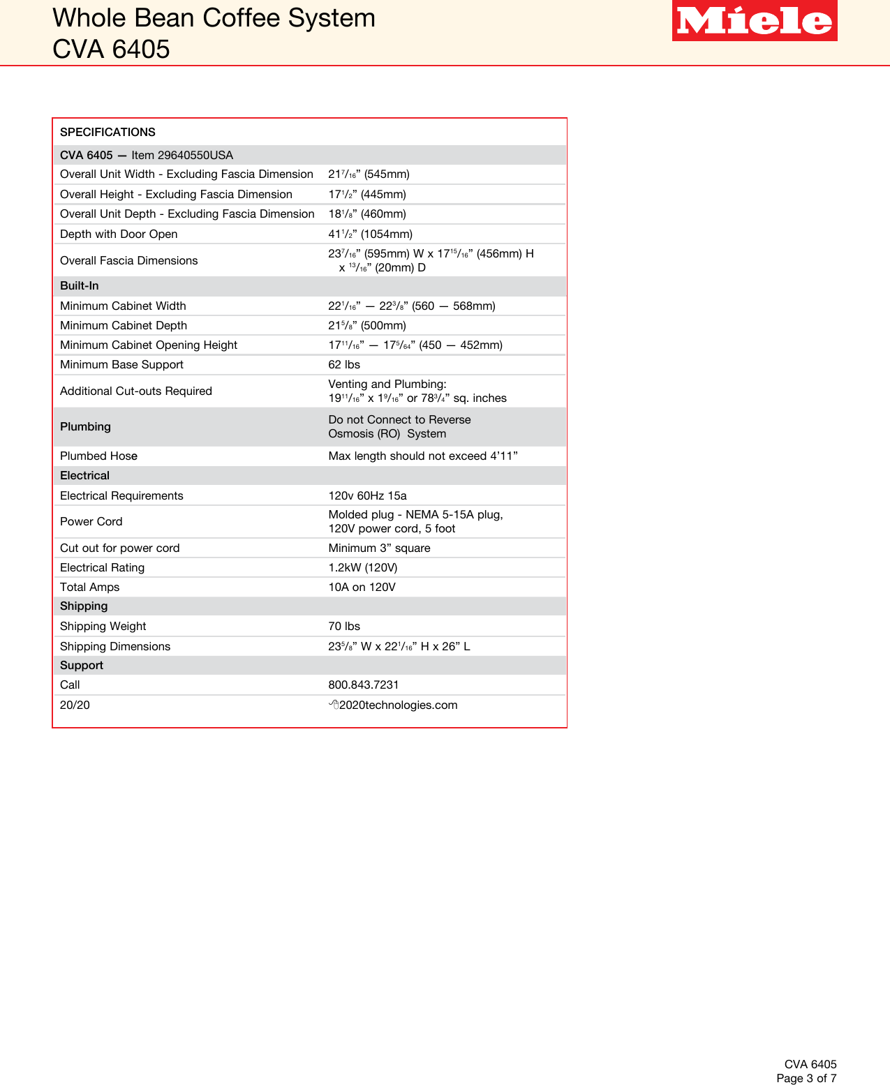 Page 3 of 7 - Miele Miele-Cva-6405-Plumbed-Built-In-Specification-Sheet-  Miele-cva-6405-plumbed-built-in-specification-sheet