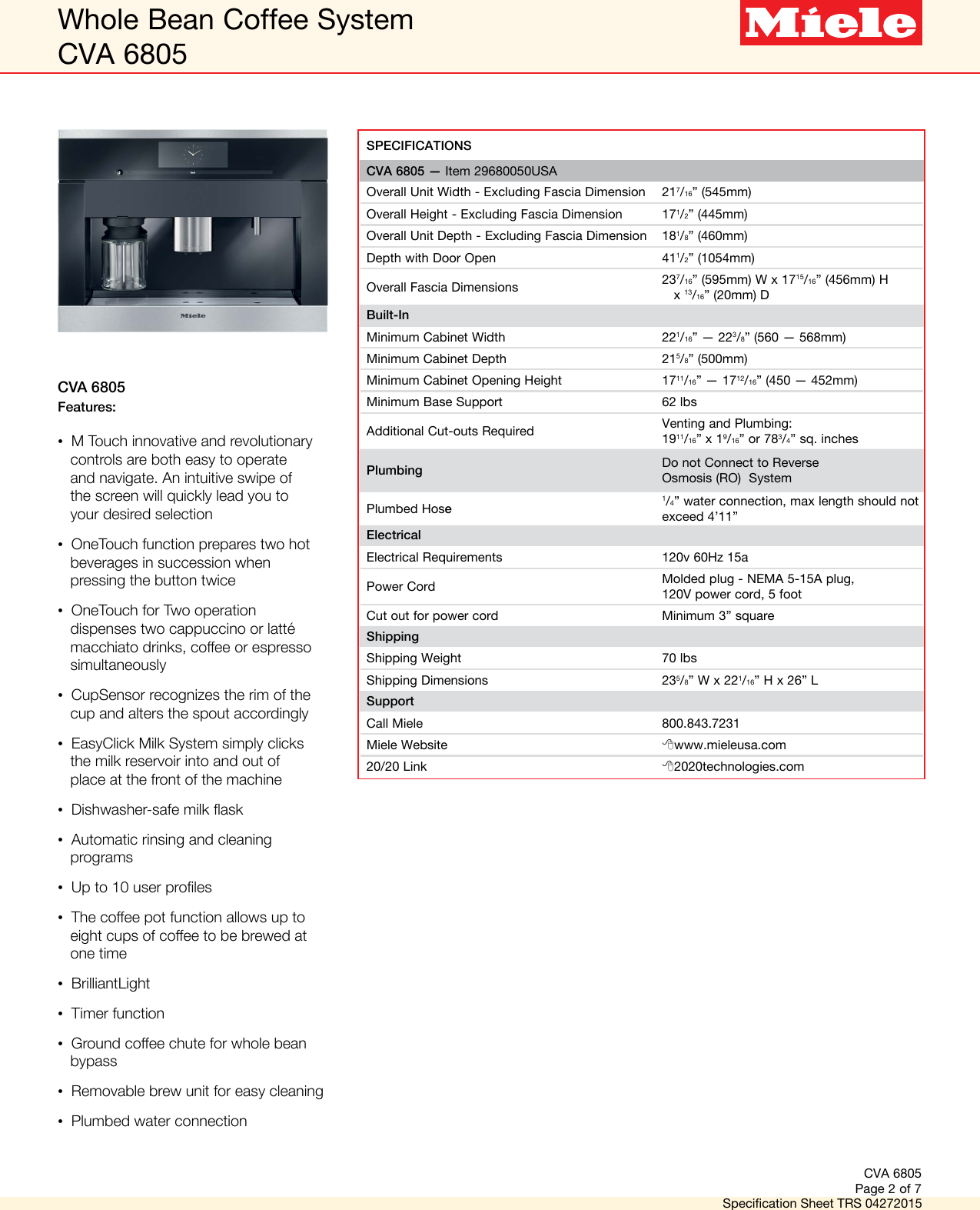 Page 2 of 7 - Miele Miele-Cva-6805-Plumbed-Built-In-Specification-Sheet-  Miele-cva-6805-plumbed-built-in-specification-sheet