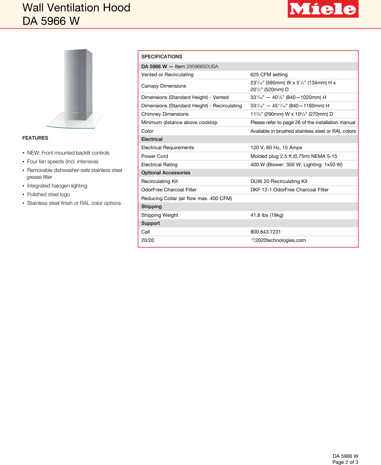 Page 2 of 3 - Miele Miele-Da-5966-W-24-Specification-Sheet-  Miele-da-5966-w-24-specification-sheet