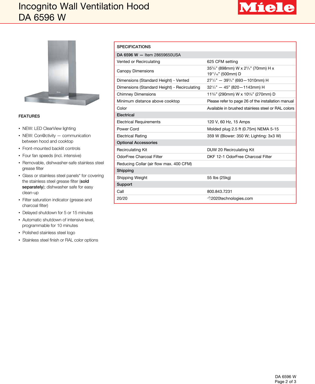 Page 2 of 3 - Miele Miele-Da-6596-W-36-Incognito-Specification-Sheet-  Miele-da-6596-w-36-incognito-specification-sheet