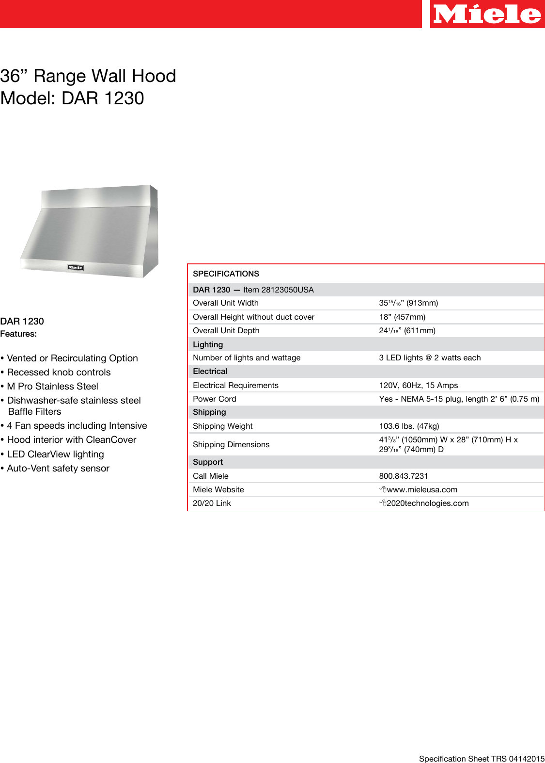 Page 1 of 4 - Miele Miele-Dar-1230-Specification-Sheet-  Miele-dar-1230-specification-sheet