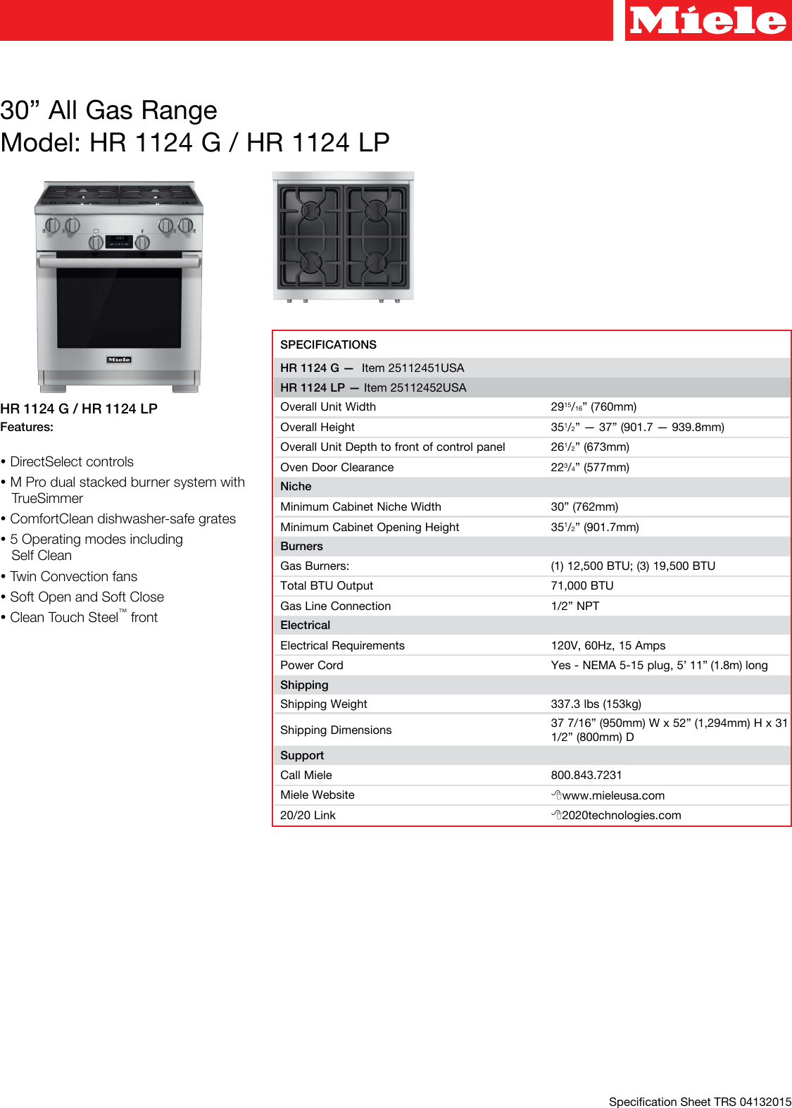 Page 1 of 6 - Miele Miele-Hr-1124-Specification-Sheet-  Miele-hr-1124-specification-sheet