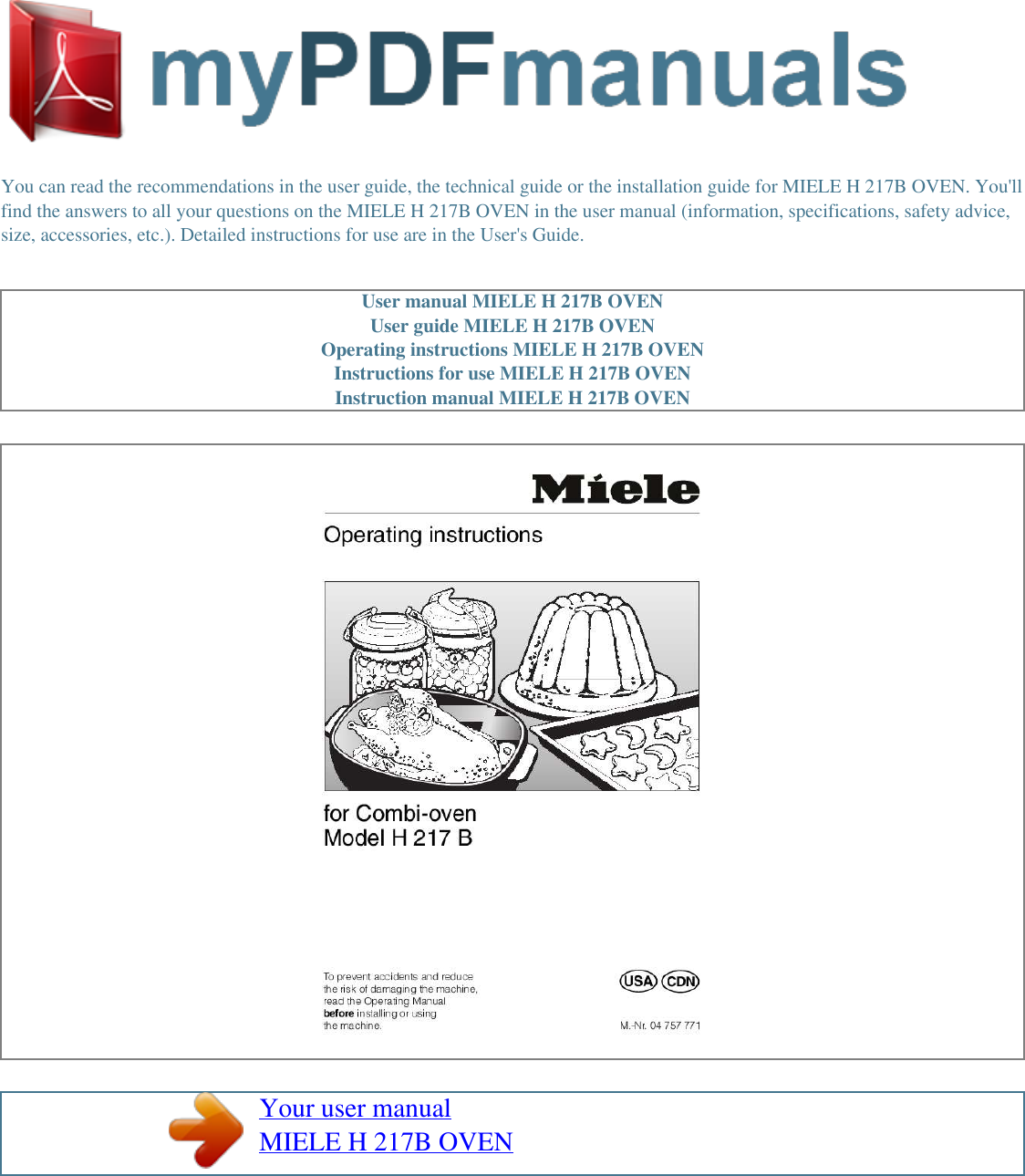 Page 1 of 2 - Miele Miele-Oven-H-217-B-Users-Manual- User Manual H 217B OVEN  Miele-oven-h-217-b-users-manual