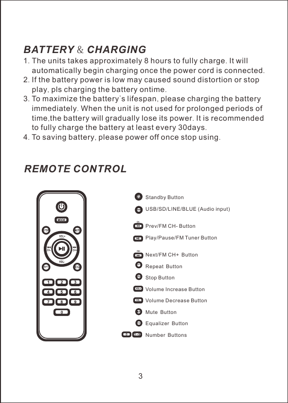 REMOTE CONTROL3BATTERY &amp; CHARGING1. The units takes approximately 8 hours to fully charge. It will     automatically begin charging once the power cord is connected.2. If the battery power is low may caused sound distortion or stop     play, pls charging the battery ontime.3. To maximize the battery's lifespan, please charging the battery    immediately. When the unit is not used for prolonged periods of     time,the battery will gradually lose its power. It is recommended     to fully charge the battery at least every 30days.4. To saving battery, please power off once stop using. RPT EQStandby ButtonPlay/Pau e/FM Tuner ButtonVolume Increase ButtonVolume Decrease ButtonUSB/SD/LINE/BLUE (Audio input)Prev/FM CH- ButtonsNext/FM CH+ ButtonRepeat ButtonStop ButtonMute ButtonEqualizer ButtonNumber ButtonsRPTEQ