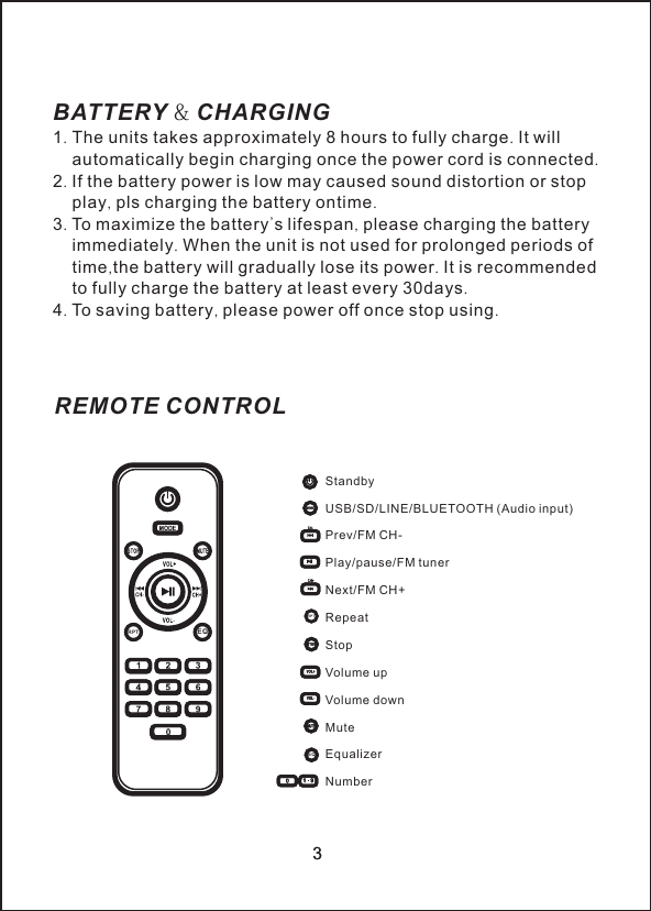 StandbyUSB/SD/LINE/BLUETOOTH (Audio input)Prev/FM CH- Play/pause/FM tunerNext/FM CH+RepeatStopVolume upVolume downMuteEqualizerNumberREMOTE CONTROL3BATTERY &amp; CHARGING1. The units takes approximately 8 hours to fully charge. It will     automatically begin charging once the power cord is connected.2. If the battery power is low may caused sound distortion or stop     play, pls charging the battery ontime.3. To maximize the battery's lifespan, please charging the battery    immediately. When the unit is not used for prolonged periods of     time,the battery will gradually lose its power. It is recommended     to fully charge the battery at least every 30days.4. To saving battery, please power off once stop using. 3EQRPTRPTEQ