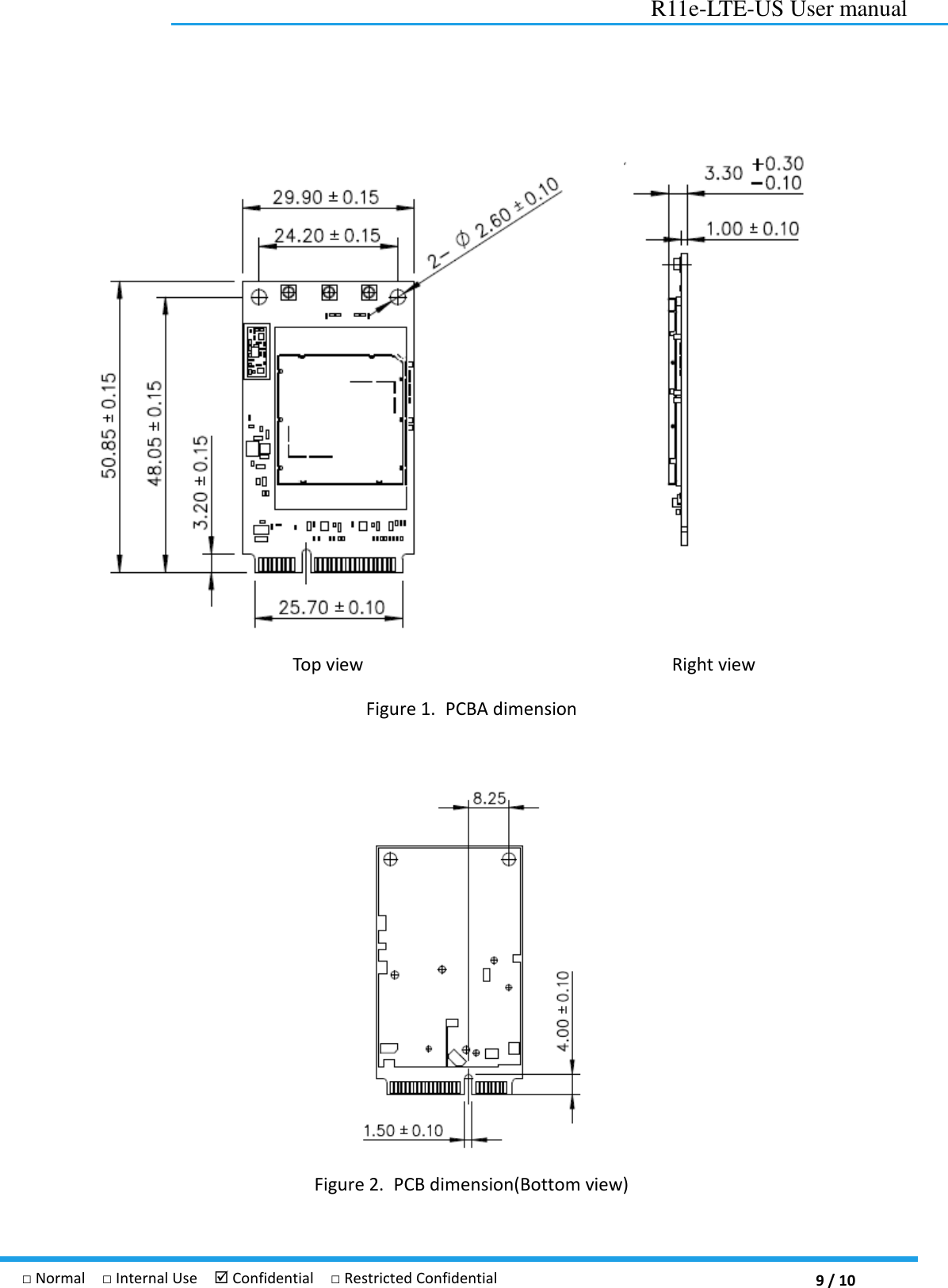  9 / 10 R11e-LTE-US User manual □ Normal  □ Internal Use   Confidential  □ Restricted Confidential   Top view Right view Figure 1. PCBA dimension   Figure 2. PCB dimension(Bottom view) 