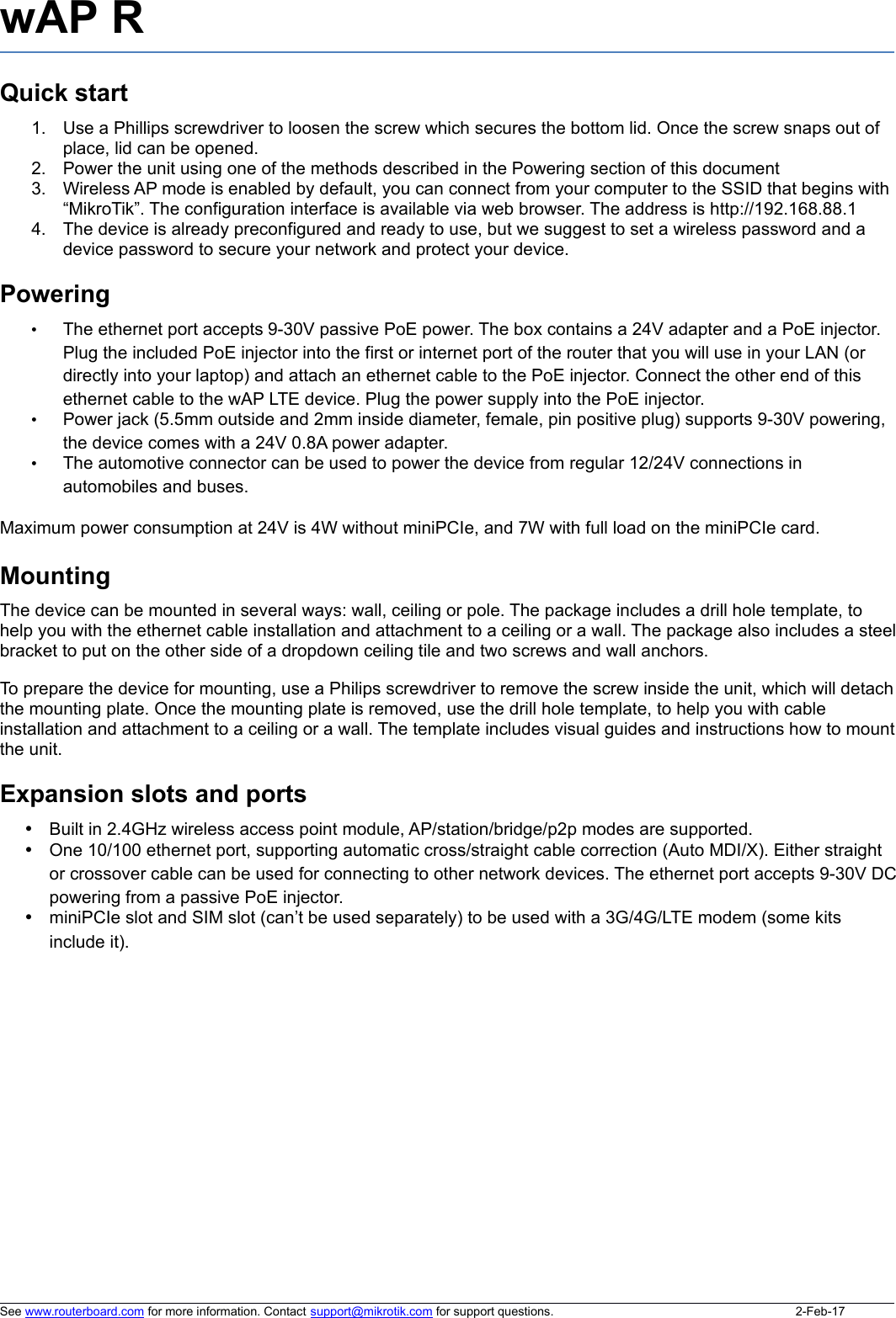 Page 1 of Mikrotikls SIA WAPR2ND Routerboard - Access Point User Manual 