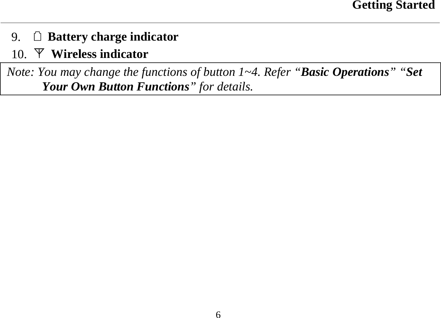 Getting Started  6 9.    Battery charge indicator  10.    Wireless indicator  Note: You may change the functions of button 1~4. Refer “Basic Operations” “Set Your Own Button Functions” for details. 