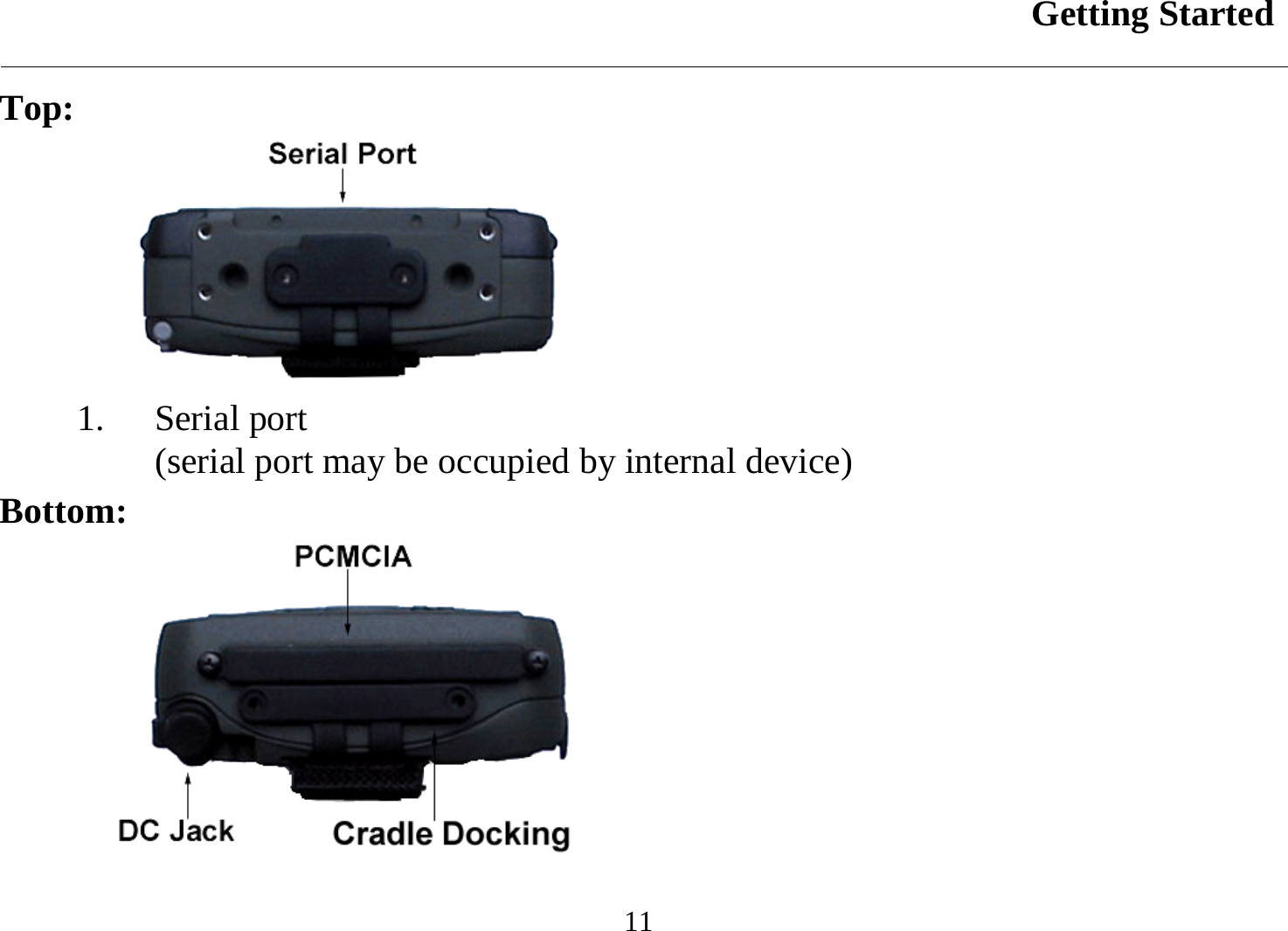 Getting Started  11 Top:  1.  Serial port  (serial port may be occupied by internal device) Bottom:  