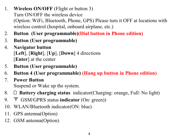  4 1.  Wireless ON/OFF (Flight or button 3)  Turn ON/OFF the wireless device  (Option: WiFi, Bluetooth, Phone, GPS) Please turn it OFF at locations with wireless control (hospital, onboard airplane, etc.) 2.  Button  (User programmable)(Dial button in Phone edition)  3.  Button (User programmable)  4.  Navigator button [Left], [Right], [Up], [Down] 4 directions [Enter] at the center  5.  Button (User programmable)  6.  Button 4 (User programmable) (Hang up button in Phone edition) 7.  Power Button Suspend or Wake up the system.  8.    Battery charging status  indicator(Charging: orange, Full: No light) 9.    GSM/GPRS status indicator (On: green)) 10.  WLAN/Bluetooth indicator(ON: blue) 11. GPS antenna(Option) 12. GSM antenna(Option) 