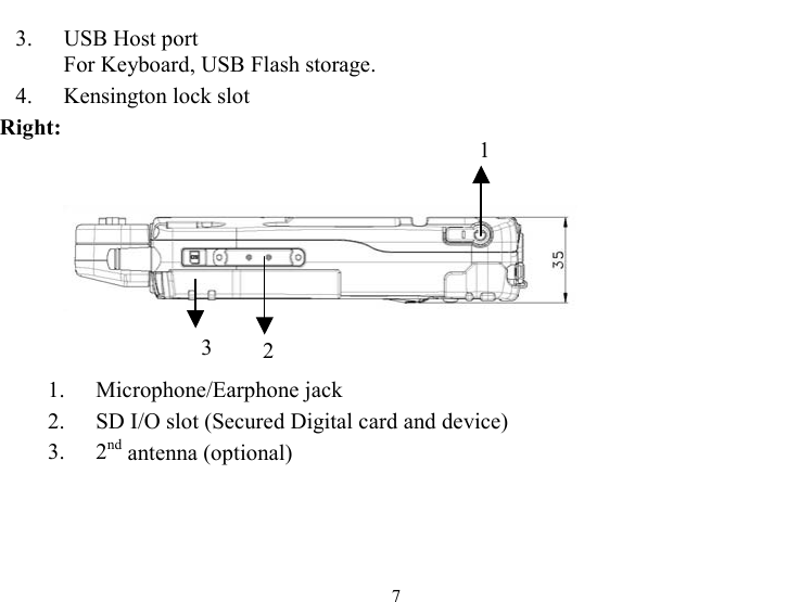  7 3.  USB Host port For Keyboard, USB Flash storage. 4.  Kensington lock slot Right:      1. Microphone/Earphone jack 2.  SD I/O slot (Secured Digital card and device) 3. 2nd antenna (optional)          1  2          3