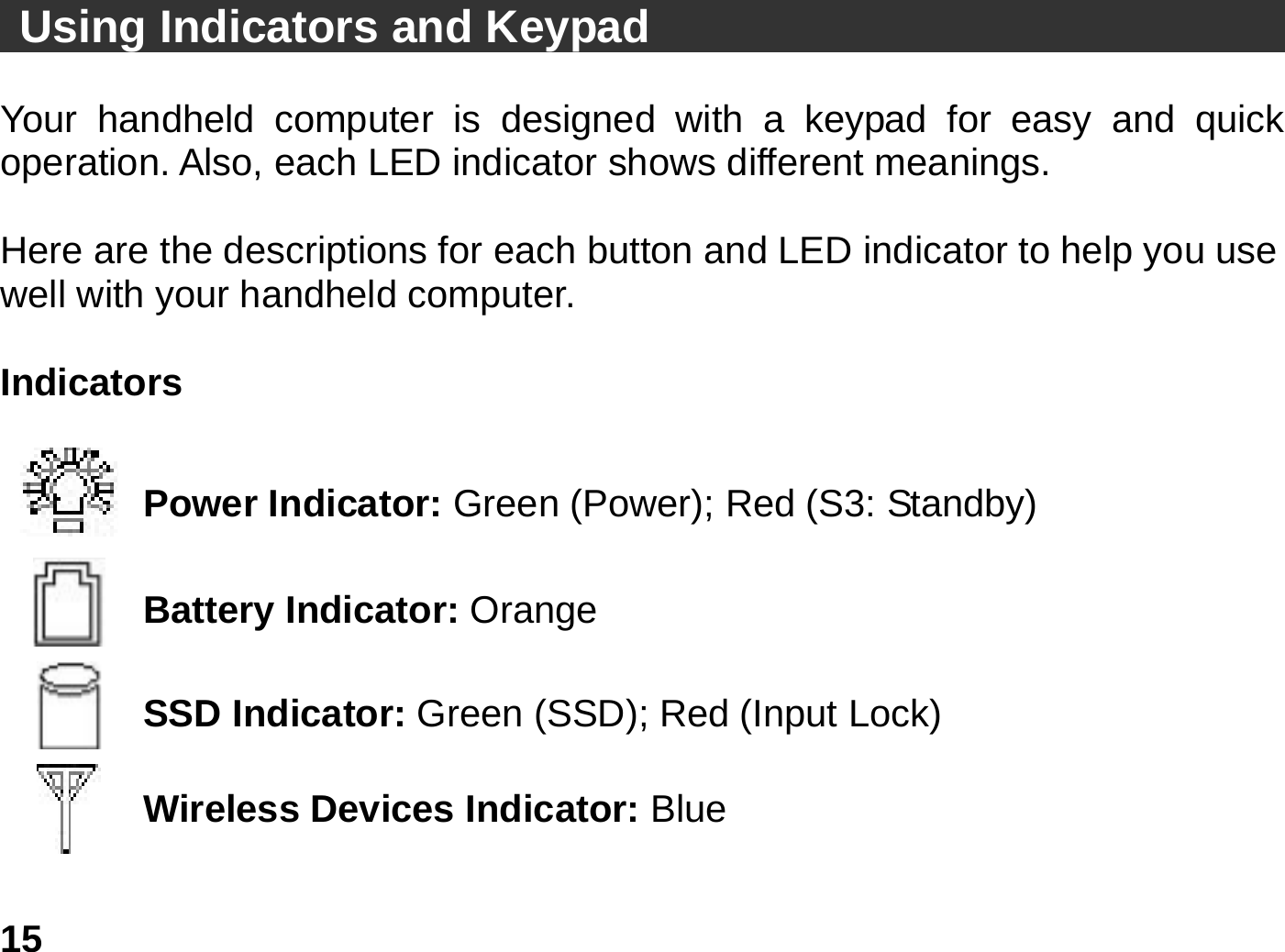   15 Using Indicators and Keypad                             Your handheld computer is designed with a keypad for easy and quick operation. Also, each LED indicator shows different meanings.    Here are the descriptions for each button and LED indicator to help you use well with your handheld computer.    Indicators   Power Indicator: Green (Power); Red (S3: Standby) Battery Indicator: Orange    SSD Indicator: Green (SSD); Red (Input Lock)  Wireless Devices Indicator: Blue    