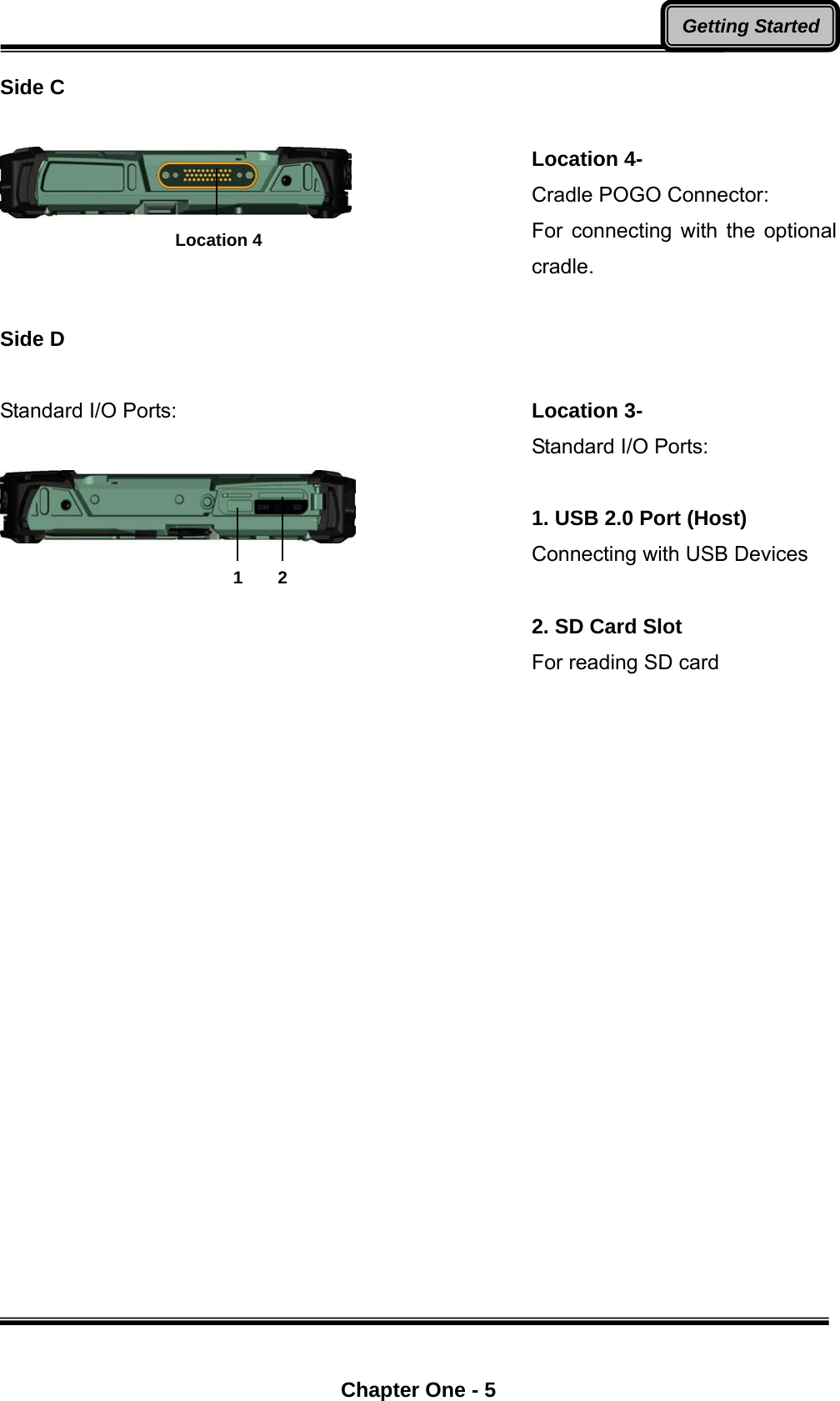  Chapter One - 5 Getting StartedSide C    Location 4- Cradle POGO Connector: For connecting with the optional cradle.  Side D  Standard I/O Ports:   Location 3-   Standard I/O Ports:  1. USB 2.0 Port (Host) Connecting with USB Devices  2. SD Card Slot For reading SD card   1  2   Location 4 