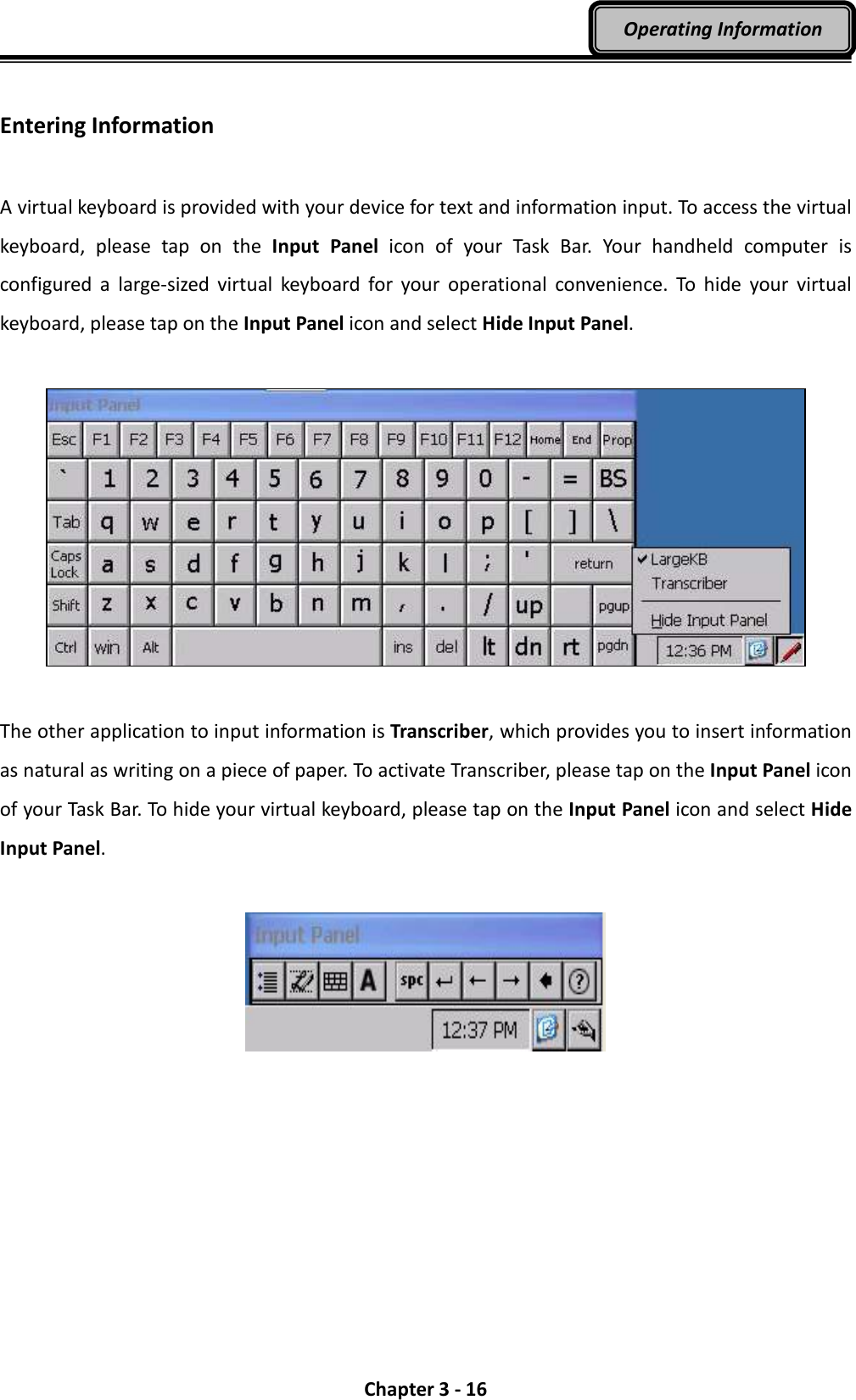  Chapter 3 - 16 Operating Information  Entering Information  A virtual keyboard is provided with your device for text and information input. To access the virtual keyboard,  please  tap  on  the  Input  Panel  icon  of  your  Task  Bar.  Your  handheld  computer  is configured  a  large-sized  virtual  keyboard  for  your  operational  convenience.  To  hide  your  virtual keyboard, please tap on the Input Panel icon and select Hide Input Panel.    The other application to input information is Transcriber, which provides you to insert information as natural as writing on a piece of paper. To activate Transcriber, please tap on the Input Panel icon of your Task Bar. To hide your virtual keyboard, please tap on the Input Panel icon and select Hide Input Panel.   