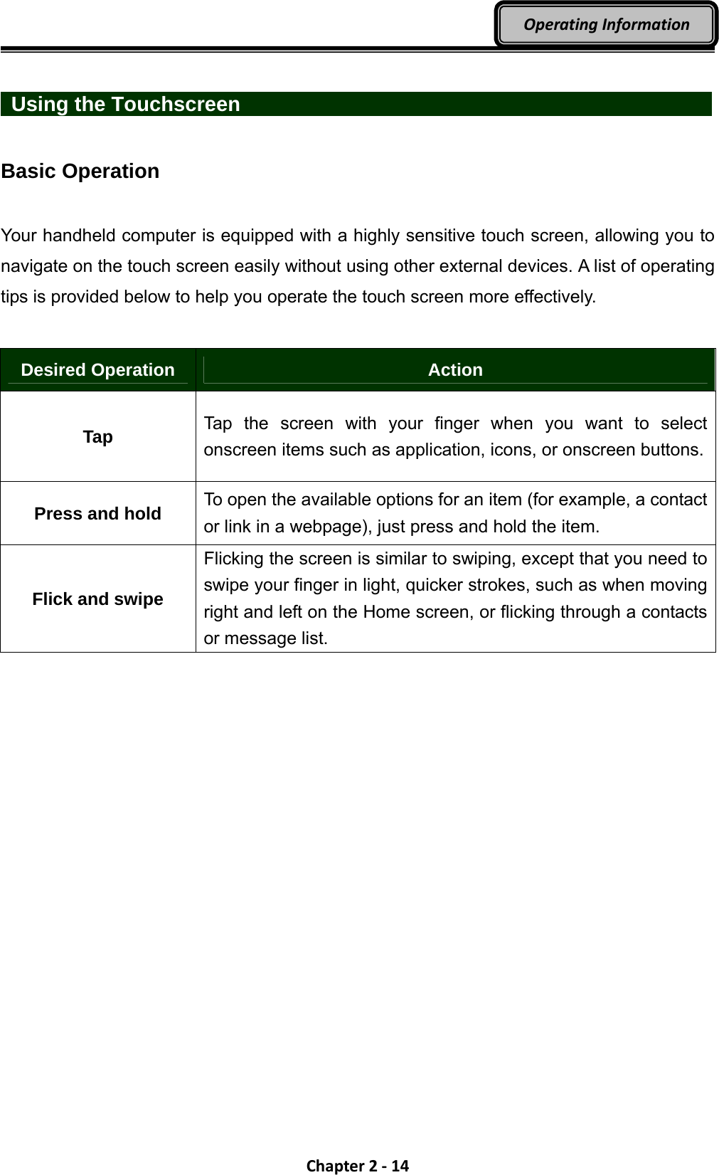 Chapter2‐14OperatingInformation  Using the Touchscreen                Basic Operation  Your handheld computer is equipped with a highly sensitive touch screen, allowing you to navigate on the touch screen easily without using other external devices. A list of operating tips is provided below to help you operate the touch screen more effectively.  Desired Operation  Action Tap Tap the screen with your finger when you want to select onscreen items such as application, icons, or onscreen buttons.Press and hold To open the available options for an item (for example, a contact or link in a webpage), just press and hold the item. Flick and swipe Flicking the screen is similar to swiping, except that you need to swipe your finger in light, quicker strokes, such as when moving right and left on the Home screen, or flicking through a contacts or message list.   