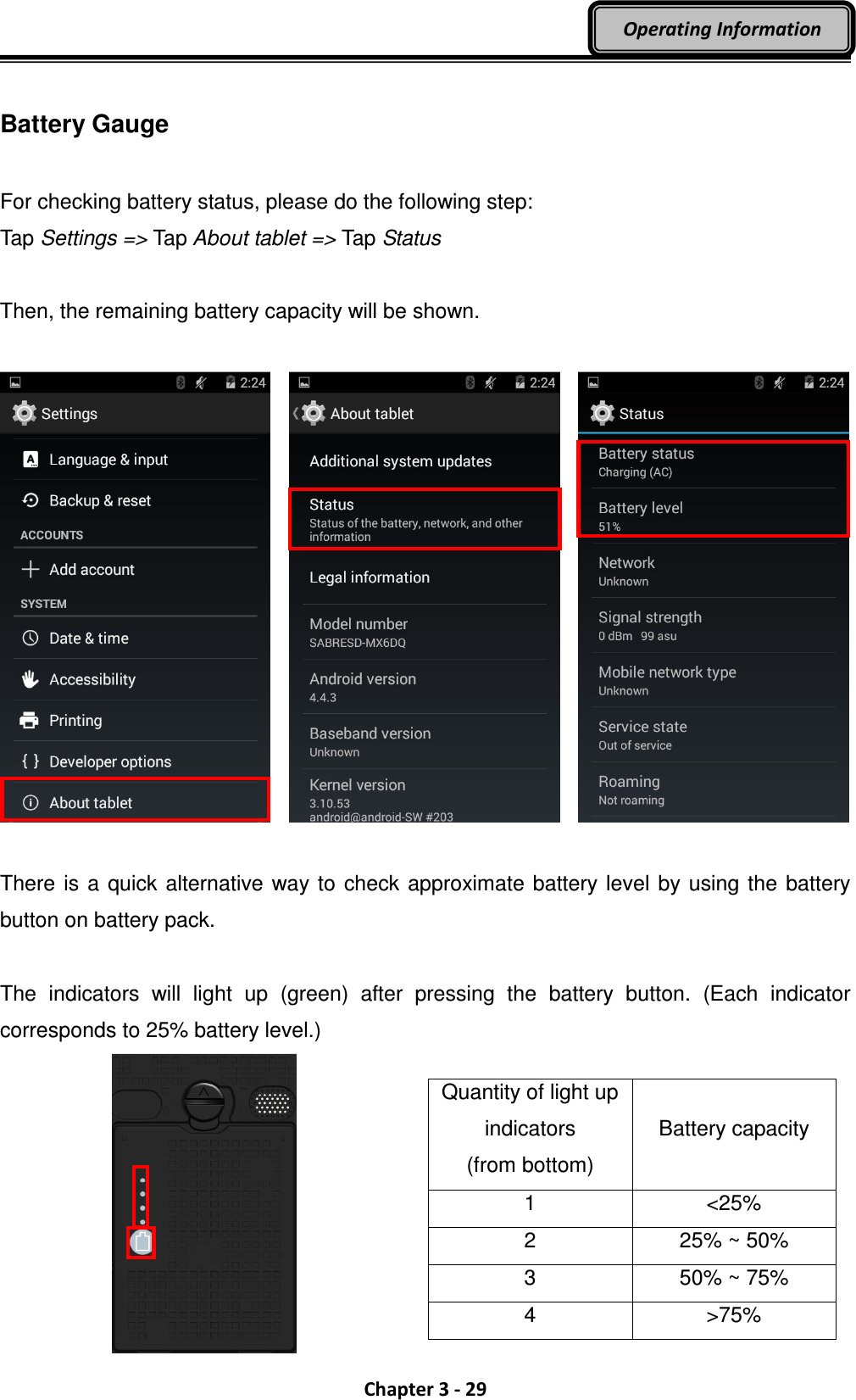  Chapter 3 - 29 Operating Information  Battery Gauge  For checking battery status, please do the following step: Tap Settings =&gt; Tap About tablet =&gt; Tap Status  Then, the remaining battery capacity will be shown.      There is a quick alternative way to check approximate battery level by using the battery button on battery pack.    The  indicators  will  light  up  (green)  after  pressing  the  battery  button.  (Each  indicator corresponds to 25% battery level.)    Quantity of light up indicators (from bottom) Battery capacity 1  &lt;25% 2  25% ~ 50% 3  50% ~ 75% 4  &gt;75%  