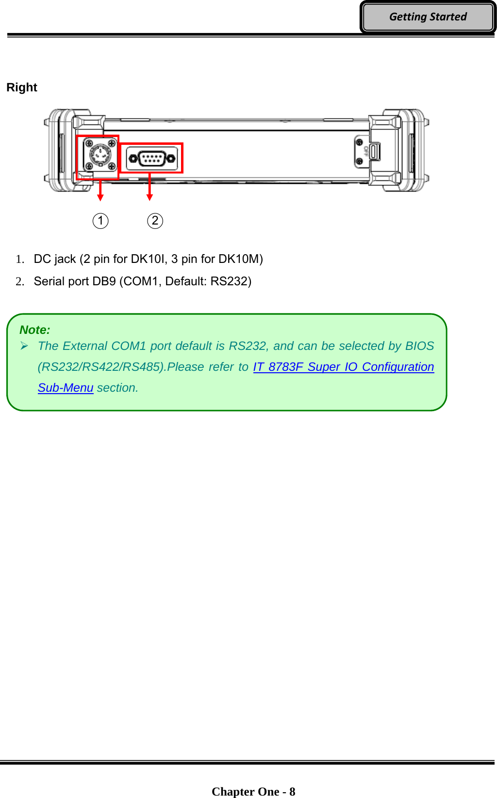   Chapter One - 8  GettingStarted  Right                1.   DC jack (2 pin for DK10I, 3 pin for DK10M) 2.   Serial port DB9 (COM1, Default: RS232)   Note:  The External COM1 port default is RS232, and can be selected by BIOS (RS232/RS422/RS485).Please refer to IT 8783F Super IO Configuration Sub-Menu section. ○1  ○2 