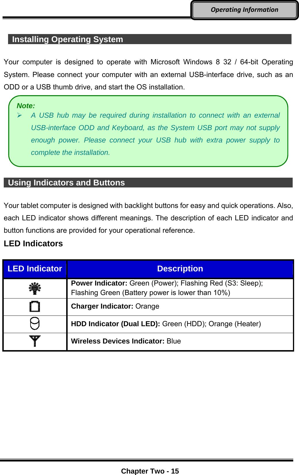     Chapter Two - 15  OperatingInformation  Installing Operating System              Your computer is designed to operate with Microsoft Windows 8 32 / 64-bit Operating System. Please connect your computer with an external USB-interface drive, such as an ODD or a USB thumb drive, and start the OS installation.    Using Indicators and Buttons                                                  Your tablet computer is designed with backlight buttons for easy and quick operations. Also, each LED indicator shows different meanings. The description of each LED indicator and button functions are provided for your operational reference. LED Indicators  LED Indicator  Description  Power Indicator: Green (Power); Flashing Red (S3: Sleep); Flashing Green (Battery power is lower than 10%)  Charger Indicator: Orange  HDD Indicator (Dual LED): Green (HDD); Orange (Heater)  Wireless Devices Indicator: Blue Note:  A USB hub may be required during installation to connect with an external USB-interface ODD and Keyboard, as the System USB port may not supply enough power. Please connect your USB hub with extra power supply to complete the installation. 