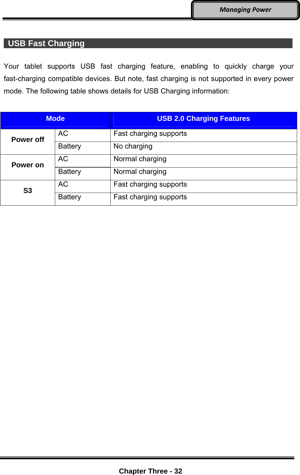     Chapter Three - 32  ManagingPower  USB Fast Charging                 Your tablet supports USB fast charging feature, enabling to quickly charge your fast-charging compatible devices. But note, fast charging is not supported in every power mode. The following table shows details for USB Charging information:  Mode  USB 2.0 Charging Features AC  Fast charging supports Power off  Battery No charging AC Normal charging Power on  Battery Normal charging AC  Fast charging supports S3  Battery  Fast charging supports   