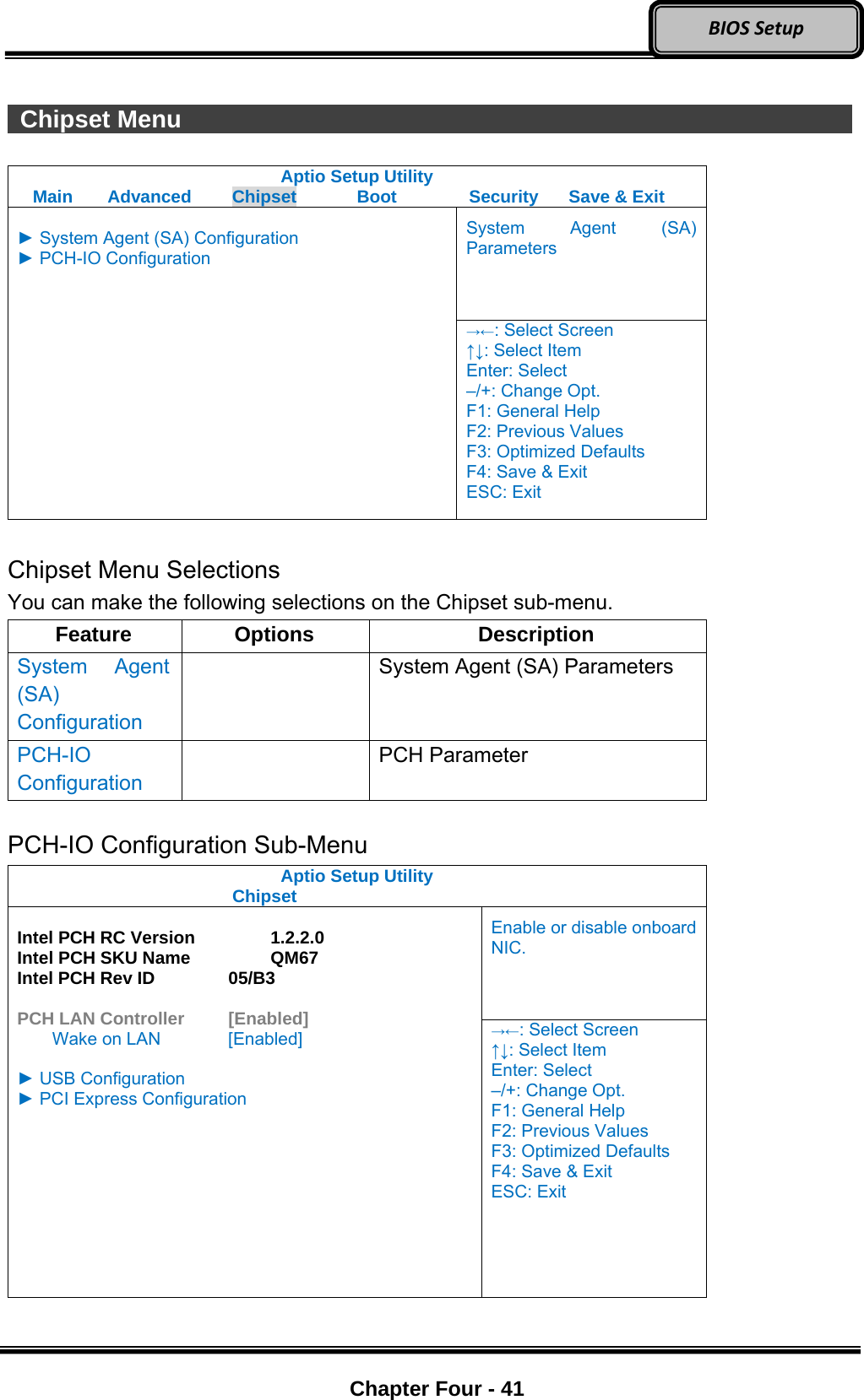 Optional Devices    Chapter Four - 41  BIOSSetup  Chipset Menu                  Aptio Setup Utility Main  Advanced  Chipset  Boot  Security  Save &amp; Exit System Agent (SA) Parameters  ► System Agent (SA) Configuration ► PCH-IO Configuration  →←: Select Screen ↑↓: Select Item Enter: Select –/+: Change Opt. F1: General Help F2: Previous Values F3: Optimized Defaults F4: Save &amp; Exit ESC: Exit  Chipset Menu Selections You can make the following selections on the Chipset sub-menu.   Feature Options  Description System Agent (SA) Configuration   System Agent (SA) Parameters PCH-IO Configuration  PCH Parameter  PCH-IO Configuration Sub-Menu Aptio Setup Utility    Chipset  Enable or disable onboard NIC.  Intel PCH RC Version    1.2.2.0 Intel PCH SKU Name    QM67 Intel PCH Rev ID    05/B3  PCH LAN Controller   [Enabled]     Wake on LAN    [Enabled]  ► USB Configuration ► PCI Express Configuration →←: Select Screen ↑↓: Select Item Enter: Select –/+: Change Opt. F1: General Help F2: Previous Values F3: Optimized Defaults F4: Save &amp; Exit ESC: Exit  