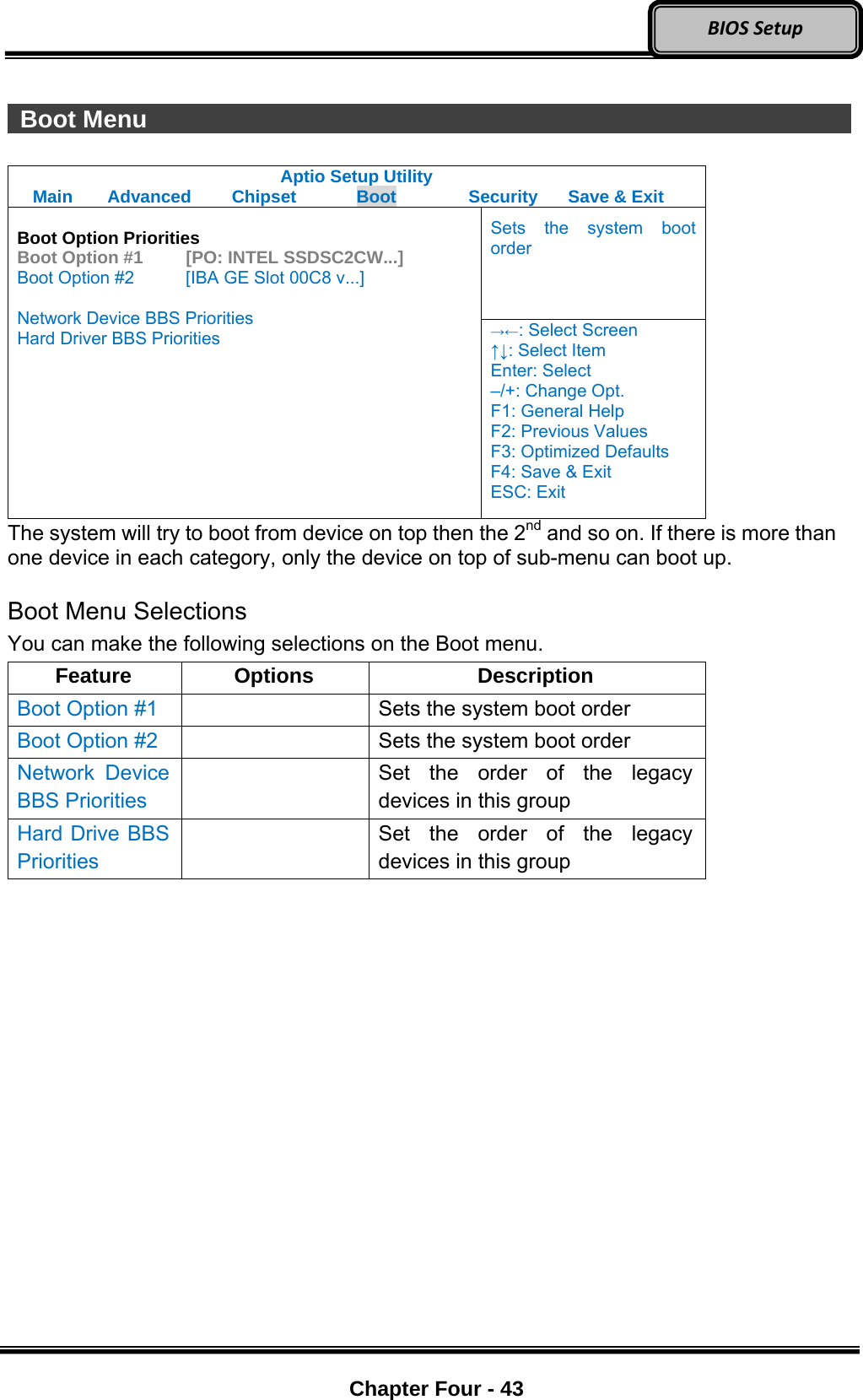 Optional Devices    Chapter Four - 43  BIOSSetup  Boot Menu                   Aptio Setup Utility Main  Advanced  Chipset  Boot  Security  Save &amp; Exit Sets the system boot order  Boot Option Priorities Boot Option #1   [PO: INTEL SSDSC2CW...] Boot Option #2    [IBA GE Slot 00C8 v...]  Network Device BBS Priorities Hard Driver BBS Priorities →←: Select Screen ↑↓: Select Item Enter: Select –/+: Change Opt. F1: General Help F2: Previous Values F3: Optimized Defaults F4: Save &amp; Exit ESC: Exit The system will try to boot from device on top then the 2nd and so on. If there is more than one device in each category, only the device on top of sub-menu can boot up.  Boot Menu Selections You can make the following selections on the Boot menu.   Feature Options  Description Boot Option #1    Sets the system boot order Boot Option #2    Sets the system boot order Network Device BBS Priorities  Set the order of the legacy devices in this group Hard Drive BBS Priorities  Set the order of the legacy devices in this group  
