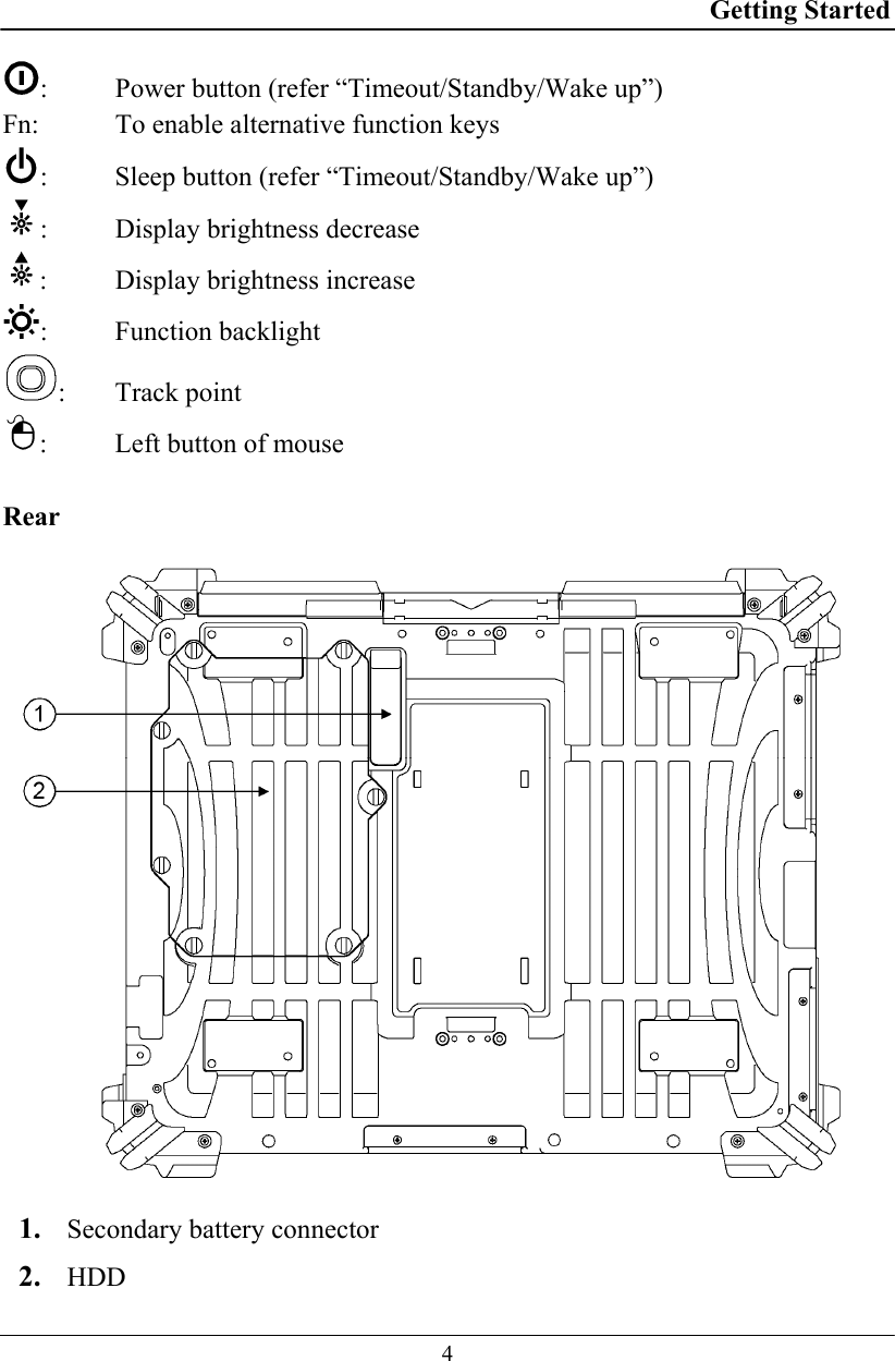 Getting Started  4 :  Power button (refer “Timeout/Standby/Wake up”) Fn:   To enable alternative function keys :   Sleep button (refer “Timeout/Standby/Wake up”) :  Display brightness decrease :  Display brightness increase : Function backlight :  Track point  :  Left button of mouse  Rear   1. Secondary battery connector 2. HDD 