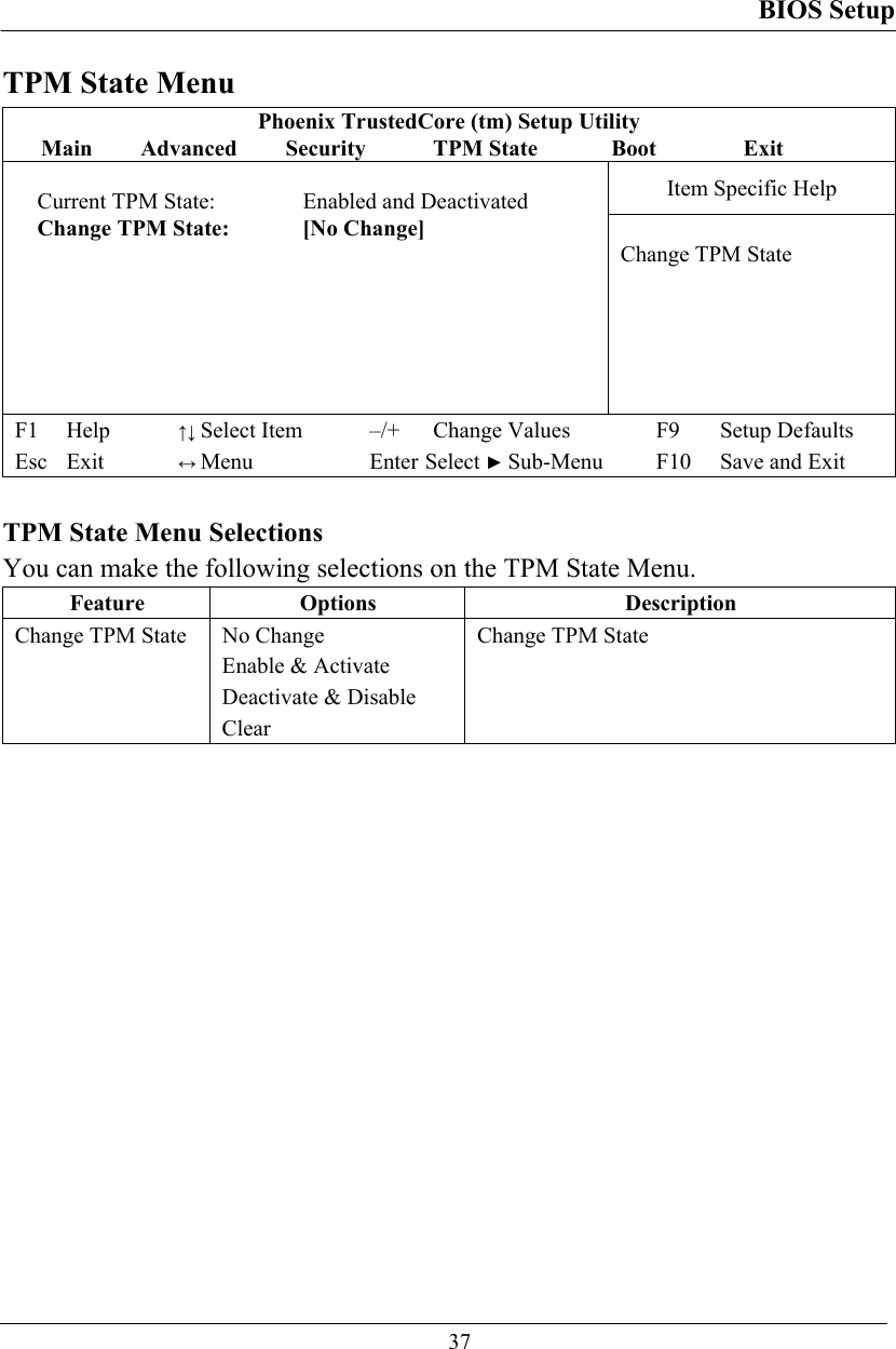 BIOS Setup  37 TPM State Menu Phoenix TrustedCore (tm) Setup Utility Main  Advanced  Security  TPM State  Boot    Exit Item Specific Help  Current TPM State:   Enabled and Deactivated Change TPM State:  [No Change]         Change TPM State F1 Help ↑↓ Select Item –/+ Change Values F9 Setup Defaults Esc Exit ↔ Menu Enter Select ► Sub-Menu F10 Save and Exit  TPM State Menu Selections You can make the following selections on the TPM State Menu.  Feature Options  Description Change TPM State  No Change Enable &amp; Activate Deactivate &amp; Disable Clear Change TPM State   