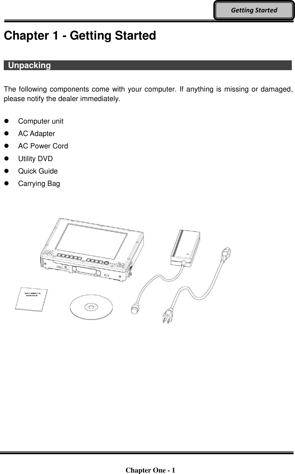   Chapter One - 1  Getting Started Chapter 1 - Getting Started      Unpacking                                    The following components come with your computer. If anything is missing or damaged, please notify the dealer immediately.    Computer unit   AC Adapter   AC Power Cord   Utility DVD   Quick Guide   Carrying Bag      