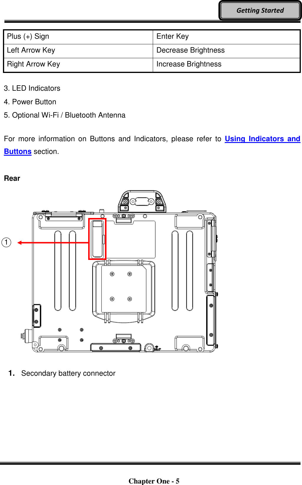   Chapter One - 5  Getting Started Plus (+) Sign Enter Key Left Arrow Key Decrease Brightness Right Arrow Key Increase Brightness  3. LED Indicators 4. Power Button 5. Optional Wi-Fi / Bluetooth Antenna  For  more  information  on  Buttons  and  Indicators,  please  refer  to  Using  Indicators  and Buttons section.  Rear     1. Secondary battery connector ○1  