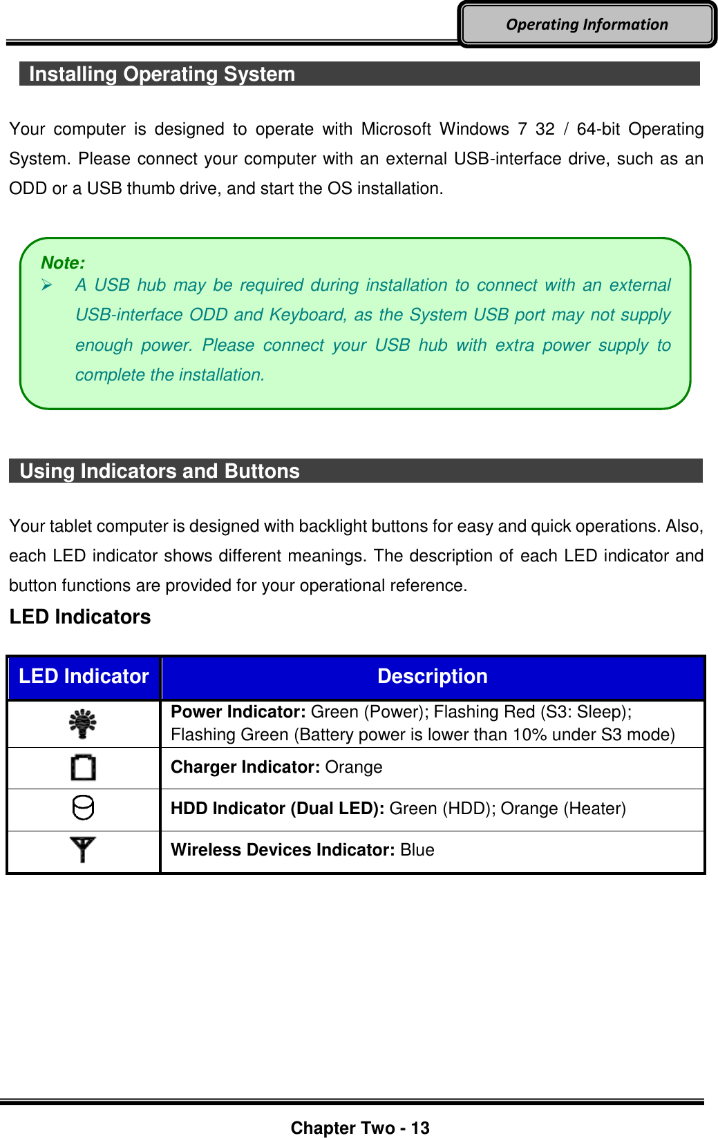     Chapter Two - 13  Operating Information   Installing Operating System                          Your  computer  is  designed  to  operate  with  Microsoft  Windows  7  32  /  64-bit  Operating System. Please connect your computer with an external USB-interface drive, such as an ODD or a USB thumb drive, and start the OS installation.       Using Indicators and Buttons                                                                                                  Your tablet computer is designed with backlight buttons for easy and quick operations. Also, each LED indicator shows different meanings. The description of each LED indicator and button functions are provided for your operational reference. LED Indicators  LED Indicator Description  Power Indicator: Green (Power); Flashing Red (S3: Sleep); Flashing Green (Battery power is lower than 10% under S3 mode)  Charger Indicator: Orange  HDD Indicator (Dual LED): Green (HDD); Orange (Heater)  Wireless Devices Indicator: Blue Note:  A USB hub may be required during installation to connect with an external USB-interface ODD and Keyboard, as the System USB port may not supply enough  power.  Please  connect  your  USB  hub  with  extra  power  supply  to complete the installation. 