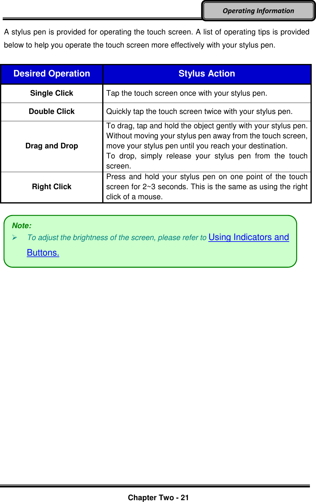     Chapter Two - 21  Operating Information A stylus pen is provided for operating the touch screen. A list of operating tips is provided below to help you operate the touch screen more effectively with your stylus pen.  Desired Operation Stylus Action Single Click Tap the touch screen once with your stylus pen. Double Click Quickly tap the touch screen twice with your stylus pen. Drag and Drop To drag, tap and hold the object gently with your stylus pen. Without moving your stylus pen away from the touch screen, move your stylus pen until you reach your destination. To  drop,  simply  release  your  stylus  pen  from  the  touch screen. Right Click Press and hold  your stylus pen on one point of the touch screen for 2~3 seconds. This is the same as using the right click of a mouse.      Note:  To adjust the brightness of the screen, please refer to Using Indicators and Buttons. 