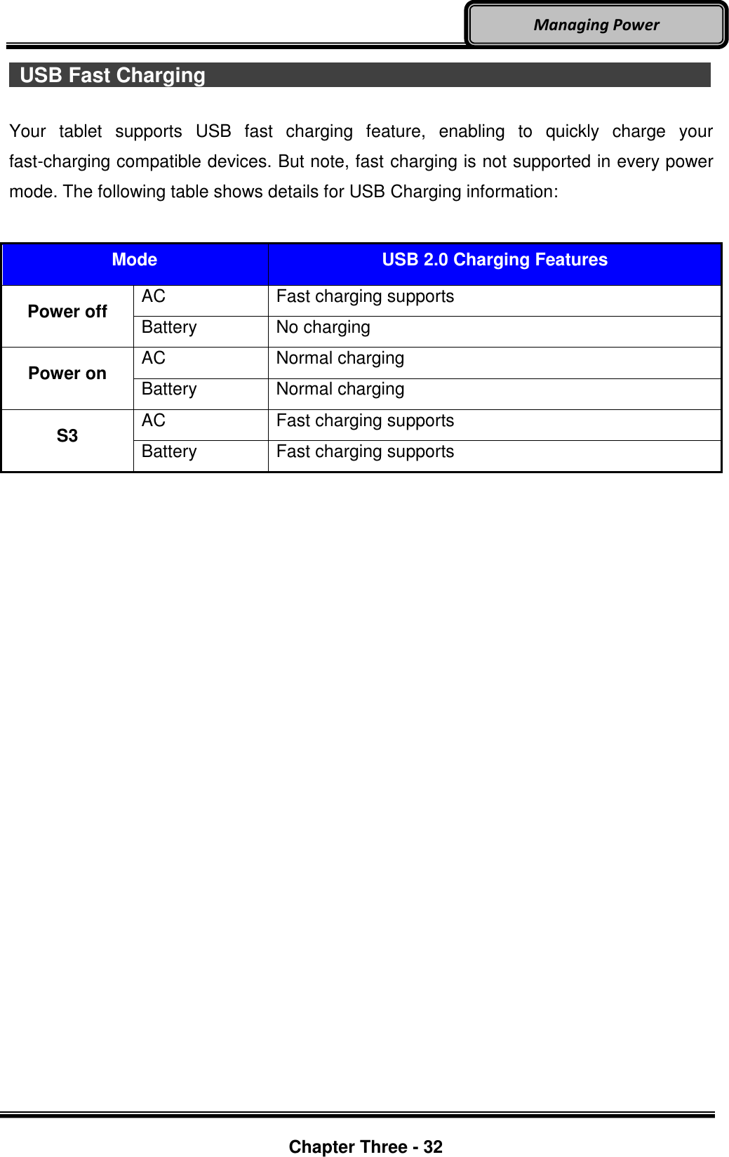     Chapter Three - 32  Managing Power   USB Fast Charging                                Your  tablet  supports  USB  fast  charging  feature,  enabling  to  quickly  charge  your fast-charging compatible devices. But note, fast charging is not supported in every power mode. The following table shows details for USB Charging information:  Mode USB 2.0 Charging Features Power off AC Fast charging supports Battery No charging Power on AC Normal charging Battery Normal charging S3 AC Fast charging supports Battery Fast charging supports   