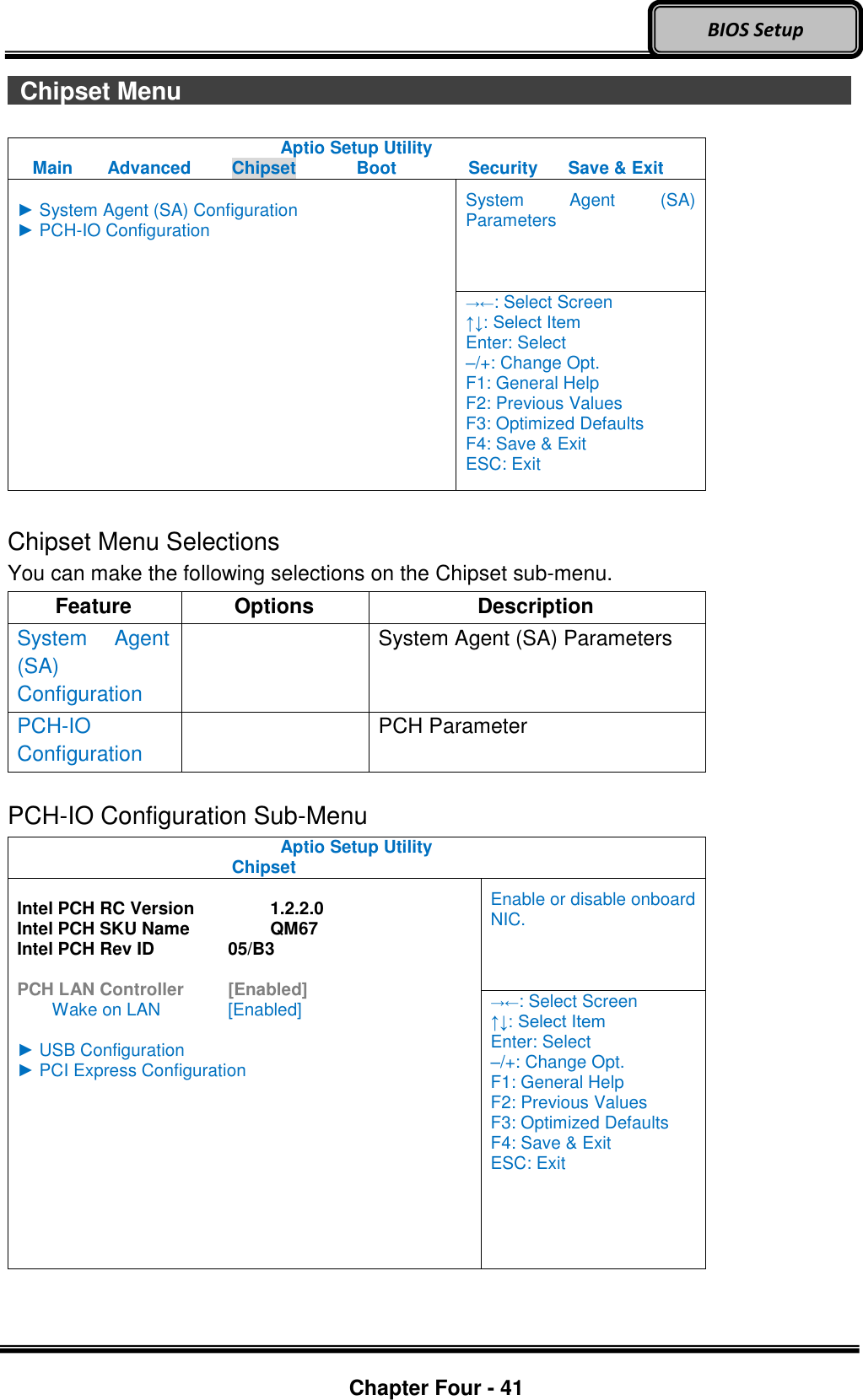 Optional Devices    Chapter Four - 41  BIOS Setup   Chipset Menu                                  Aptio Setup Utility Main  Advanced  Chipset  Boot  Security  Save &amp; Exit  ► System Agent (SA) Configuration ► PCH-IO Configuration  System  Agent  (SA) Parameters →←: Select Screen ↑↓: Select Item Enter: Select –/+: Change Opt. F1: General Help F2: Previous Values F3: Optimized Defaults F4: Save &amp; Exit ESC: Exit  Chipset Menu Selections You can make the following selections on the Chipset sub-menu.   Feature Options Description System  Agent (SA) Configuration  System Agent (SA) Parameters PCH-IO Configuration  PCH Parameter  PCH-IO Configuration Sub-Menu Aptio Setup Utility     Chipset    Intel PCH RC Version    1.2.2.0 Intel PCH SKU Name    QM67 Intel PCH Rev ID    05/B3  PCH LAN Controller   [Enabled]     Wake on LAN    [Enabled]  ► USB Configuration ► PCI Express Configuration Enable or disable onboard NIC. →←: Select Screen ↑↓: Select Item Enter: Select –/+: Change Opt. F1: General Help F2: Previous Values F3: Optimized Defaults F4: Save &amp; Exit ESC: Exit     