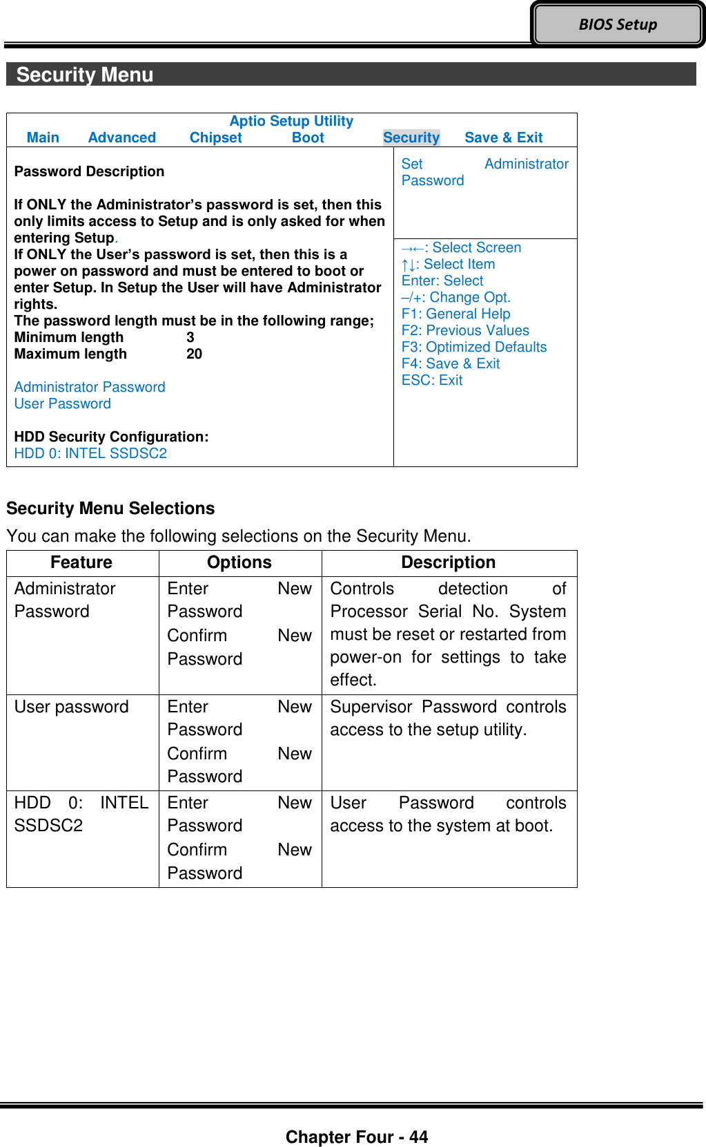 Optional Devices    Chapter Four - 44  BIOS Setup   Security Menu                                  Aptio Setup Utility Main  Advanced  Chipset  Boot  Security  Save &amp; Exit  Password Description  If ONLY the Administrator’s password is set, then this only limits access to Setup and is only asked for when entering Setup. If ONLY the User’s password is set, then this is a power on password and must be entered to boot or enter Setup. In Setup the User will have Administrator rights. The password length must be in the following range; Minimum length    3 Maximum length    20  Administrator Password User Password  HDD Security Configuration: HDD 0: INTEL SSDSC2 Set  Administrator Password →←: Select Screen ↑↓: Select Item Enter: Select –/+: Change Opt. F1: General Help F2: Previous Values F3: Optimized Defaults F4: Save &amp; Exit ESC: Exit  Security Menu Selections You can make the following selections on the Security Menu. Feature Options Description Administrator Password Enter  New Password Confirm  New Password Controls  detection  of Processor  Serial  No.  System must be reset or restarted from power-on  for  settings  to  take effect. User password Enter  New Password Confirm  New Password Supervisor  Password  controls access to the setup utility. HDD  0:  INTEL SSDSC2 Enter  New Password Confirm  New Password User  Password  controls access to the system at boot.    