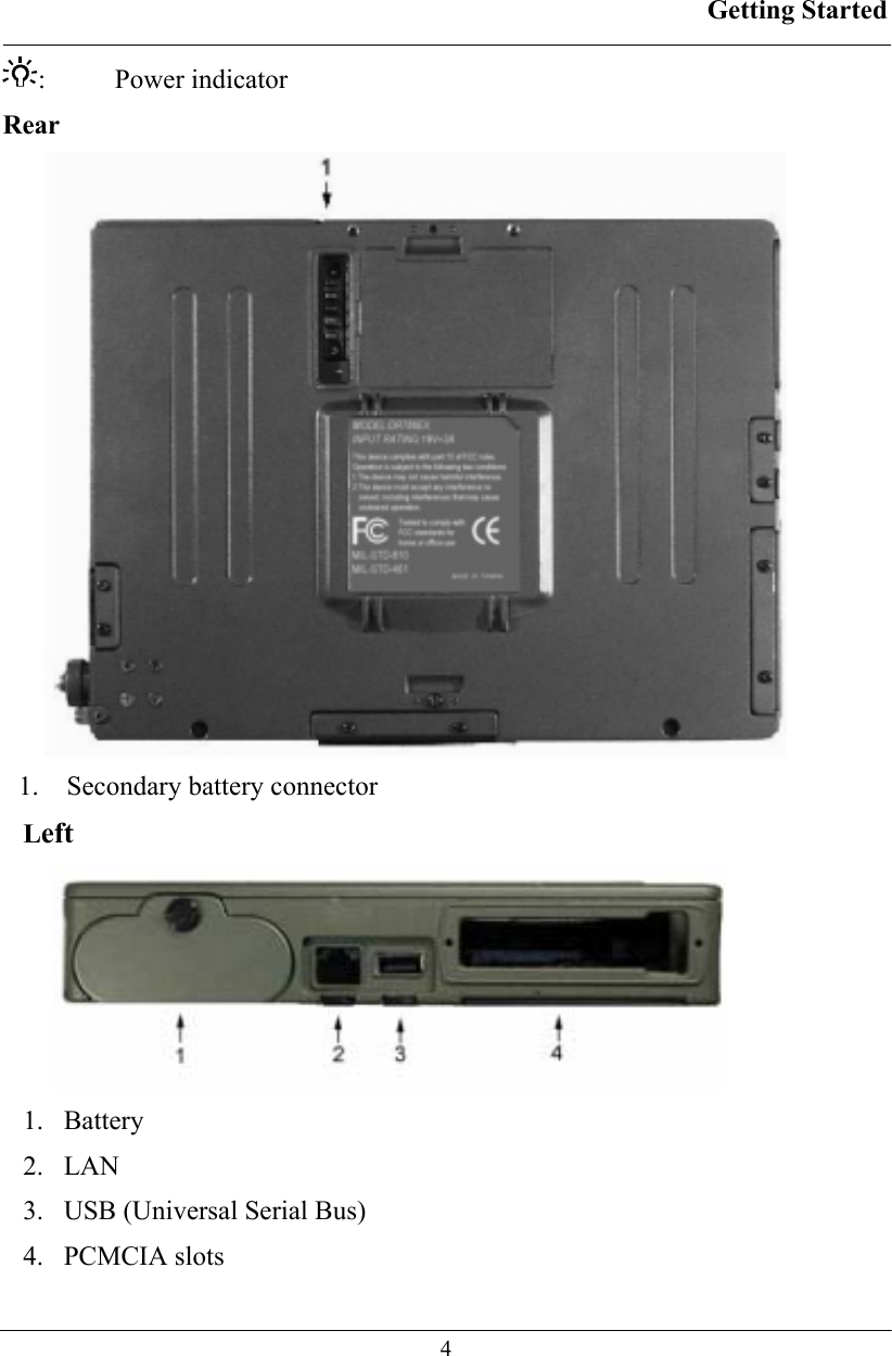 Getting Started  4 : Power indicator Rear  1. Secondary battery connector Left  1.  Battery 2.  LAN 3.  USB (Universal Serial Bus) 4.  PCMCIA slots 