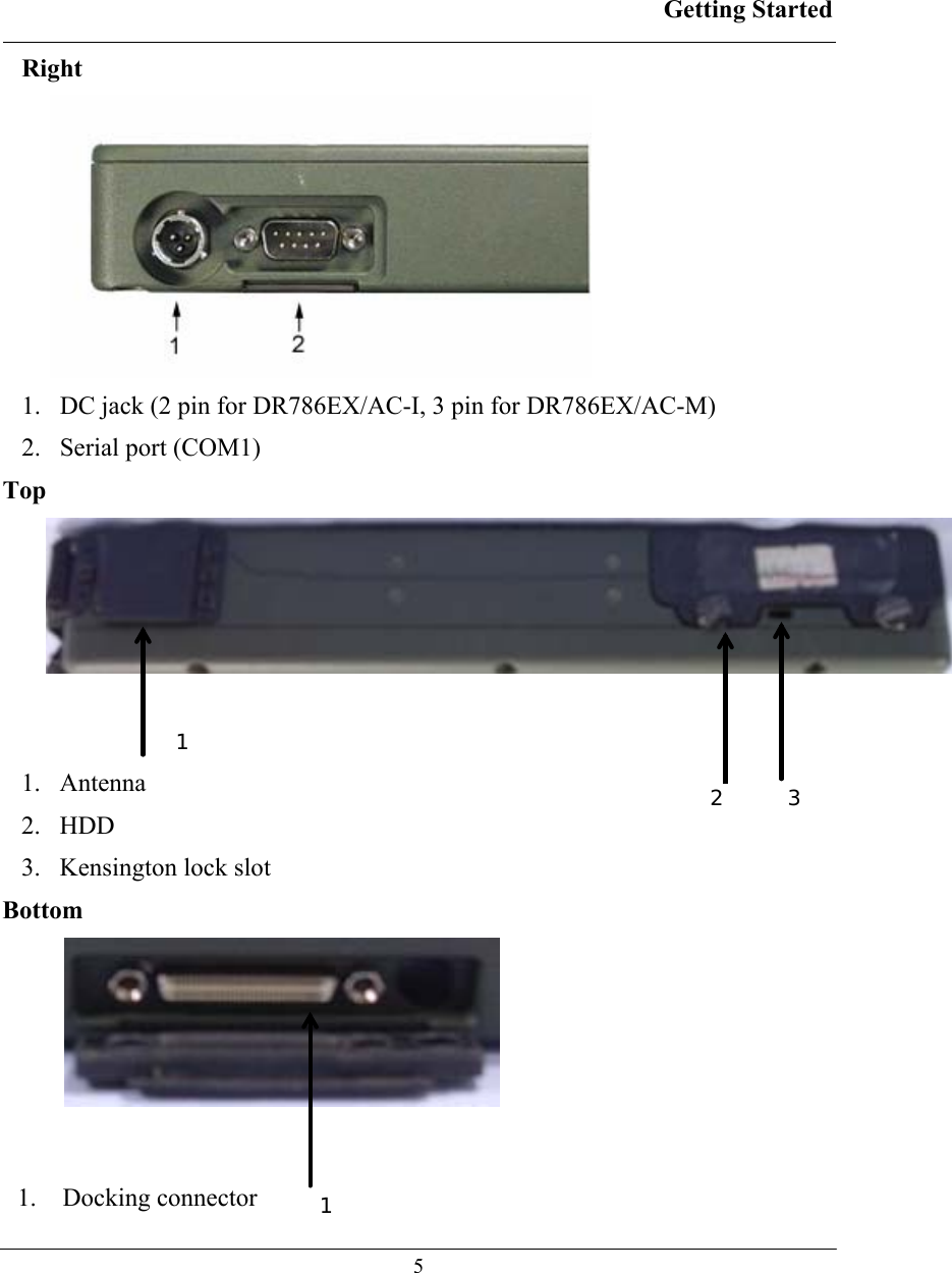 Getting Started  5 Right  1.  DC jack (2 pin for DR786EX/AC-I, 3 pin for DR786EX/AC-M) 2.  Serial port (COM1) Top  1. Antenna 2. HDD  3. Kensington lock slot Bottom  1. Docking connector 1231